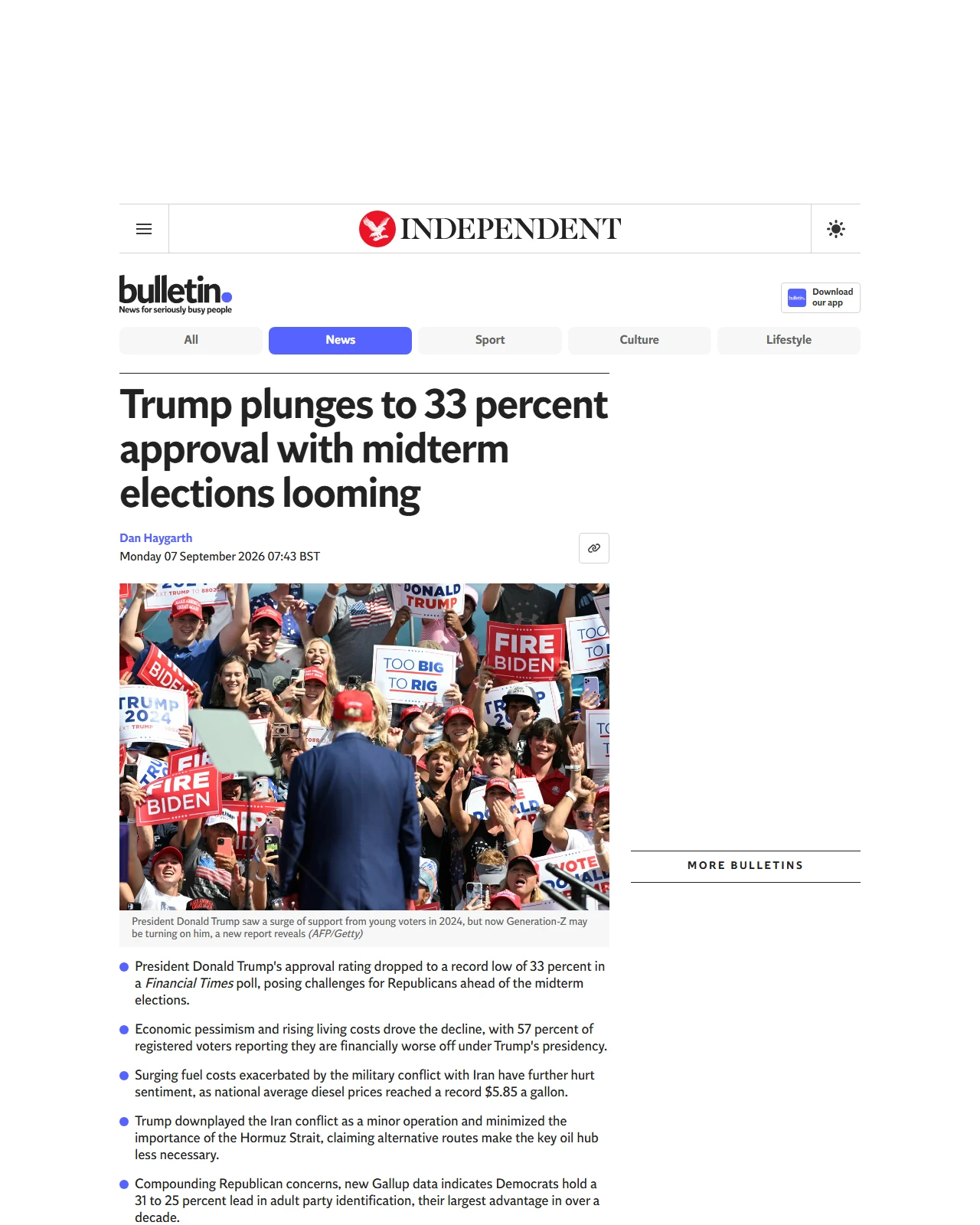 independent.co.uk as published: Trump plunges to 33 percent approval with midterm elections looming