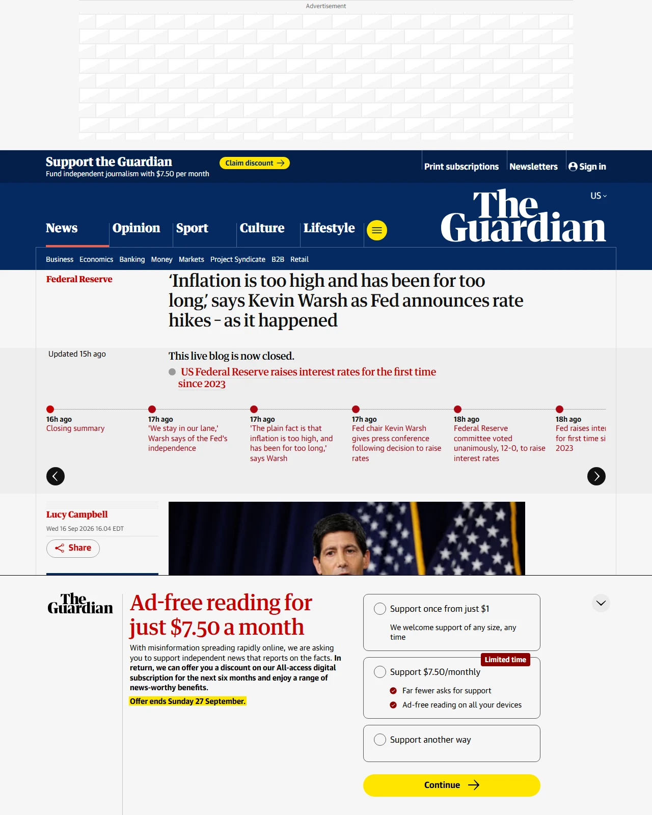 theguardian.com as published: ‘Inflation is too high and has been for too long,’ says Kevin Warsh as Fed announces rate hikes – as it happened