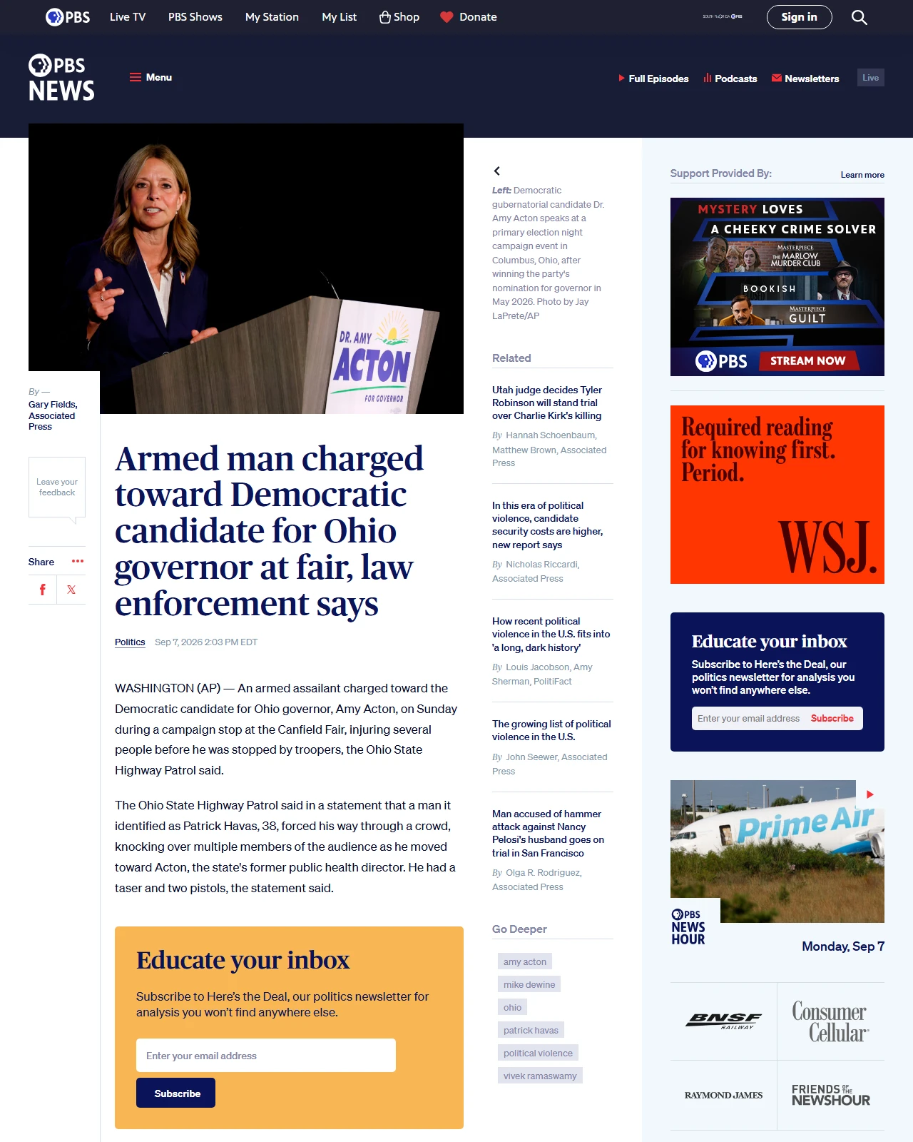 pbs.org as published: Armed man charged toward Democratic candidate for Ohio governor at fair, law enforcement says