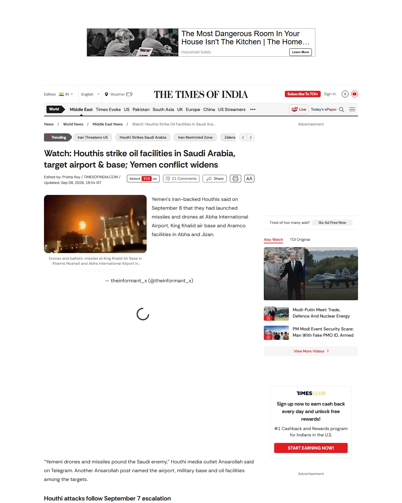 timesofindia.indiatimes.com as published: Watch: Houthis strike Saudi oil facilities as Yemen conflict widens; 73 injured