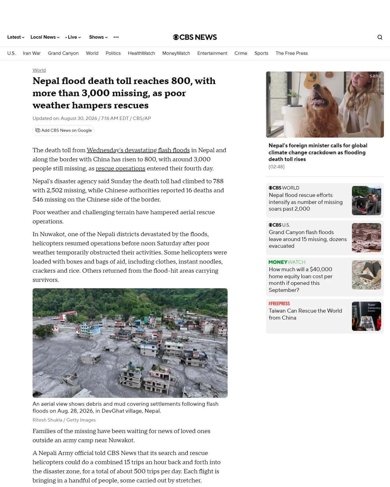 cbsnews.com as published: Nepal flash flood death toll reaches 800, with around 3,000 still missing