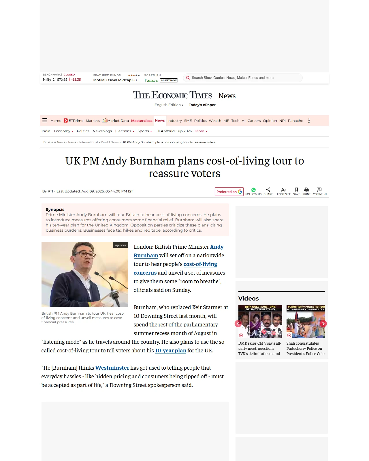 economictimes.com as published: UK PM Andy Burnham plans cost-of-living tour to reassure voters