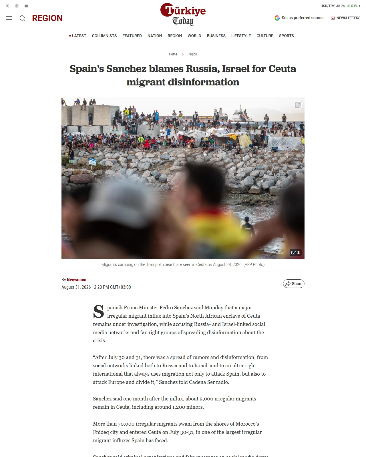 turkiyetoday.com as published: Spain's Sanchez blames Russia, Israel for Ceuta migrant disinformation