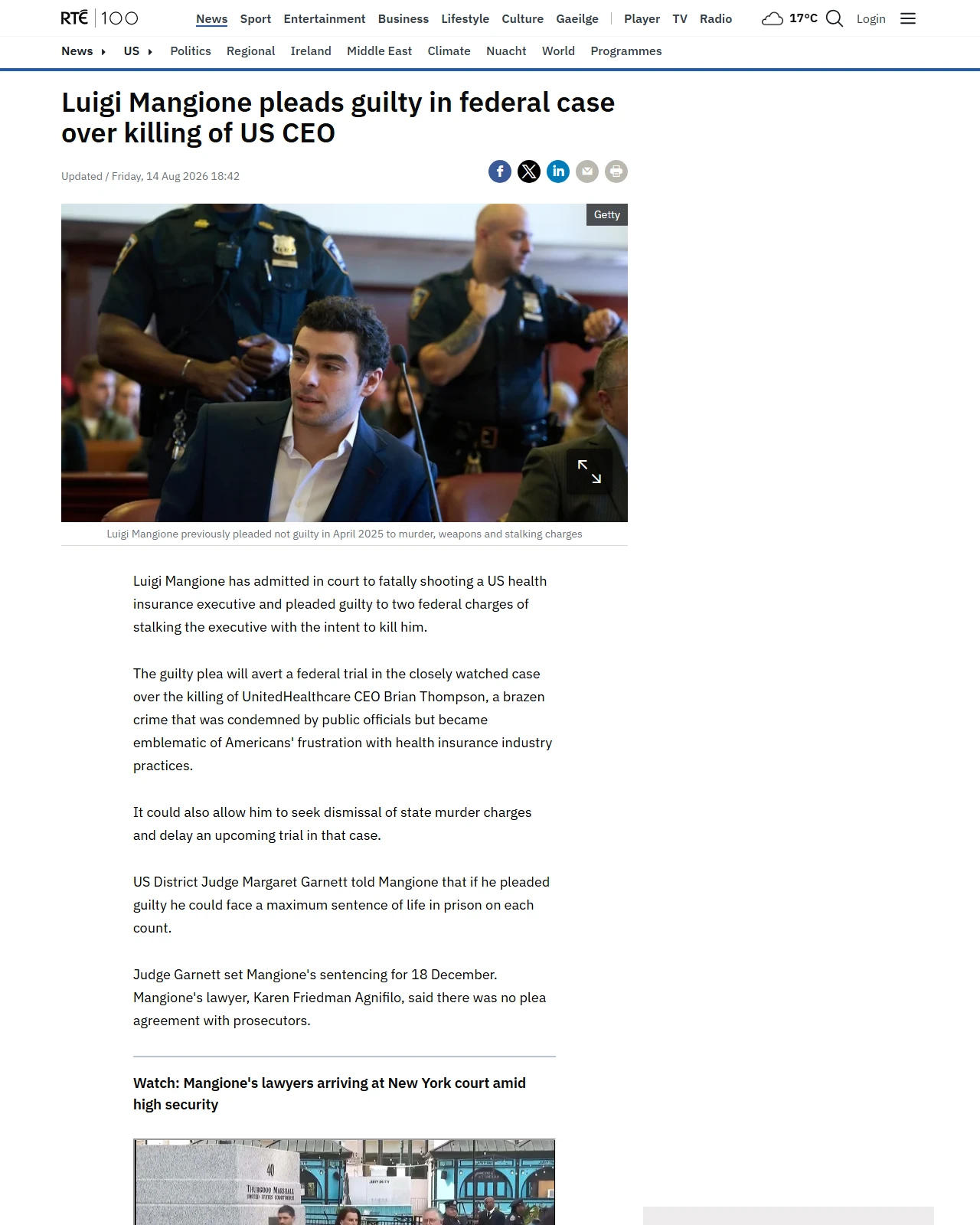 rte.ie as published: Mangione pleads guilty in federal case over CEO killing