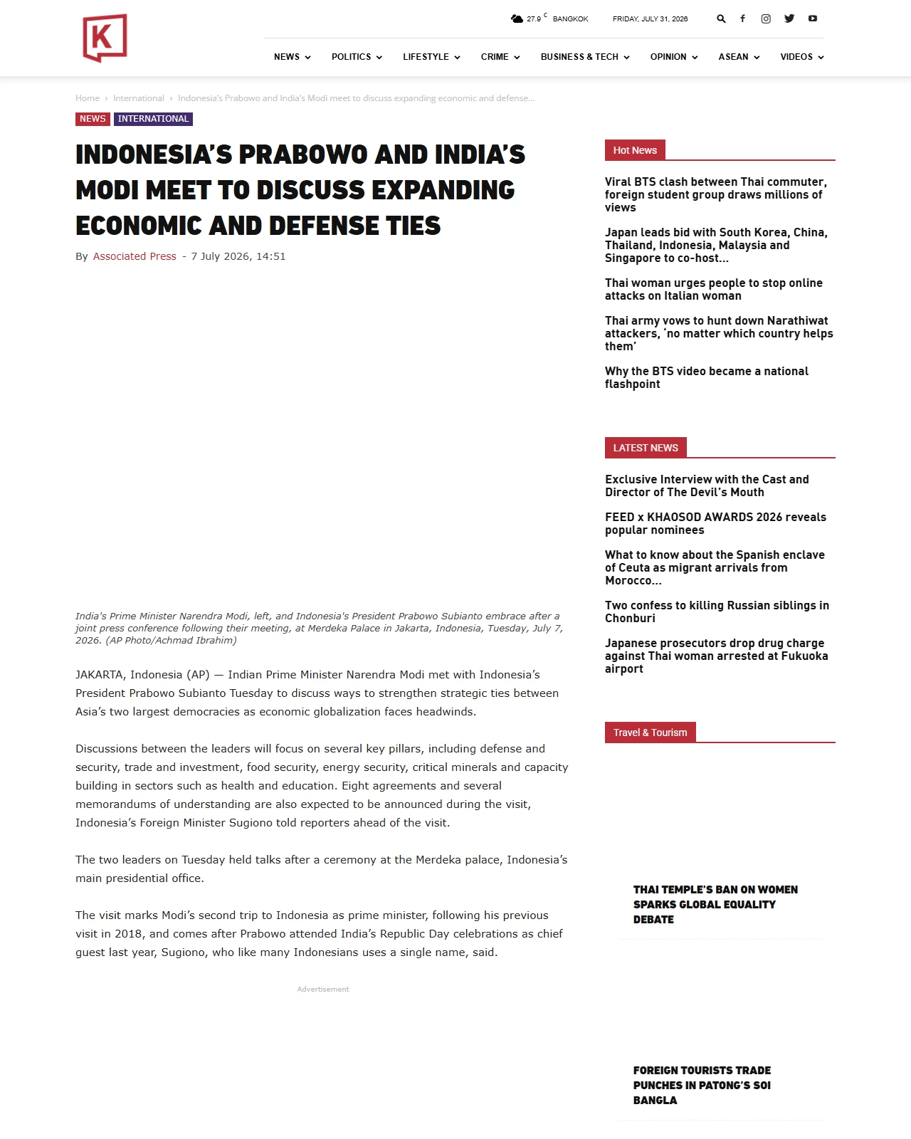 khaosodenglish.com as published: Indonesia's Prabowo and India's Modi meet to discuss expanding economic and defense ties