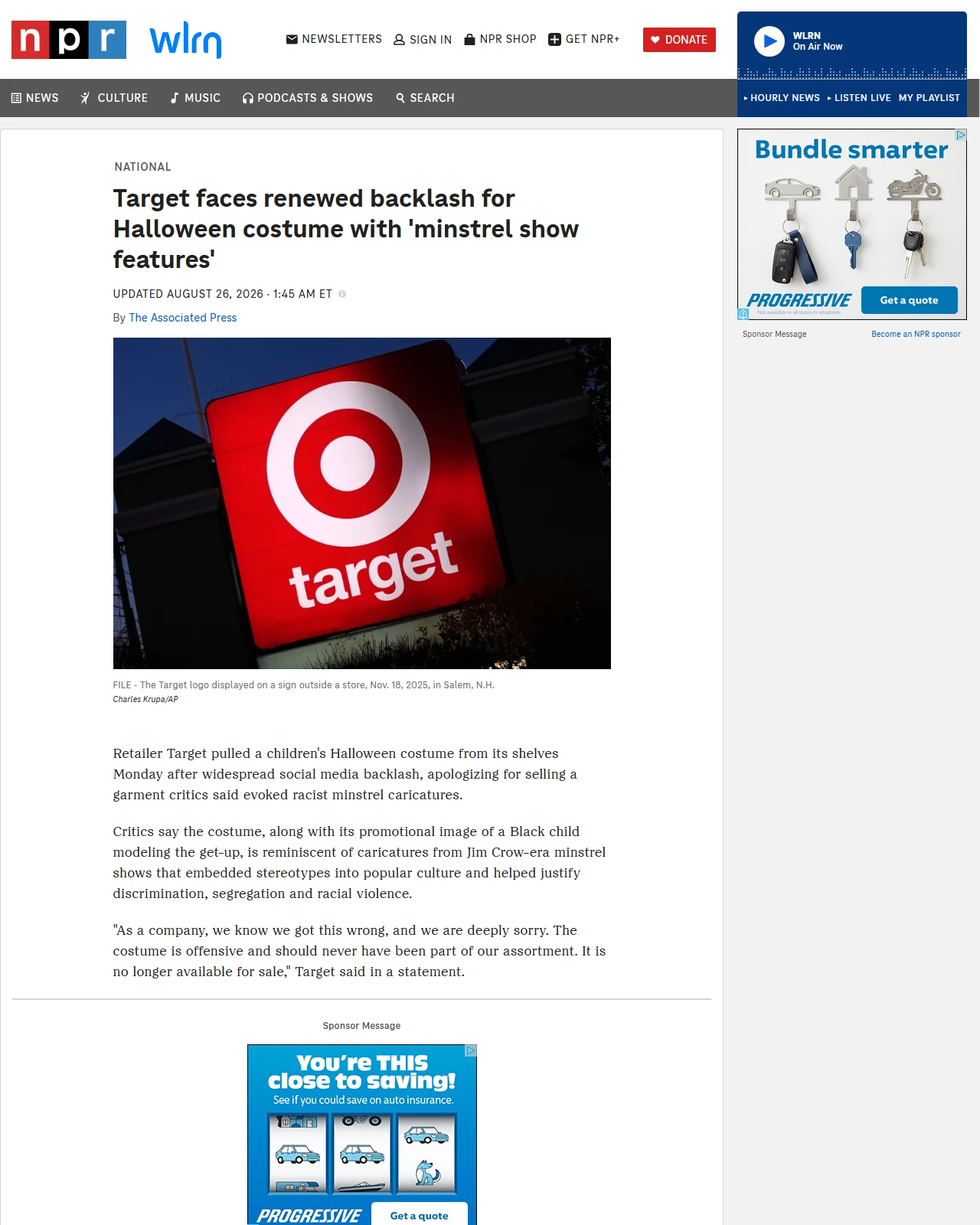 npr.org as published: Target faces renewed backlash for Halloween costume with 'minstrel show features'