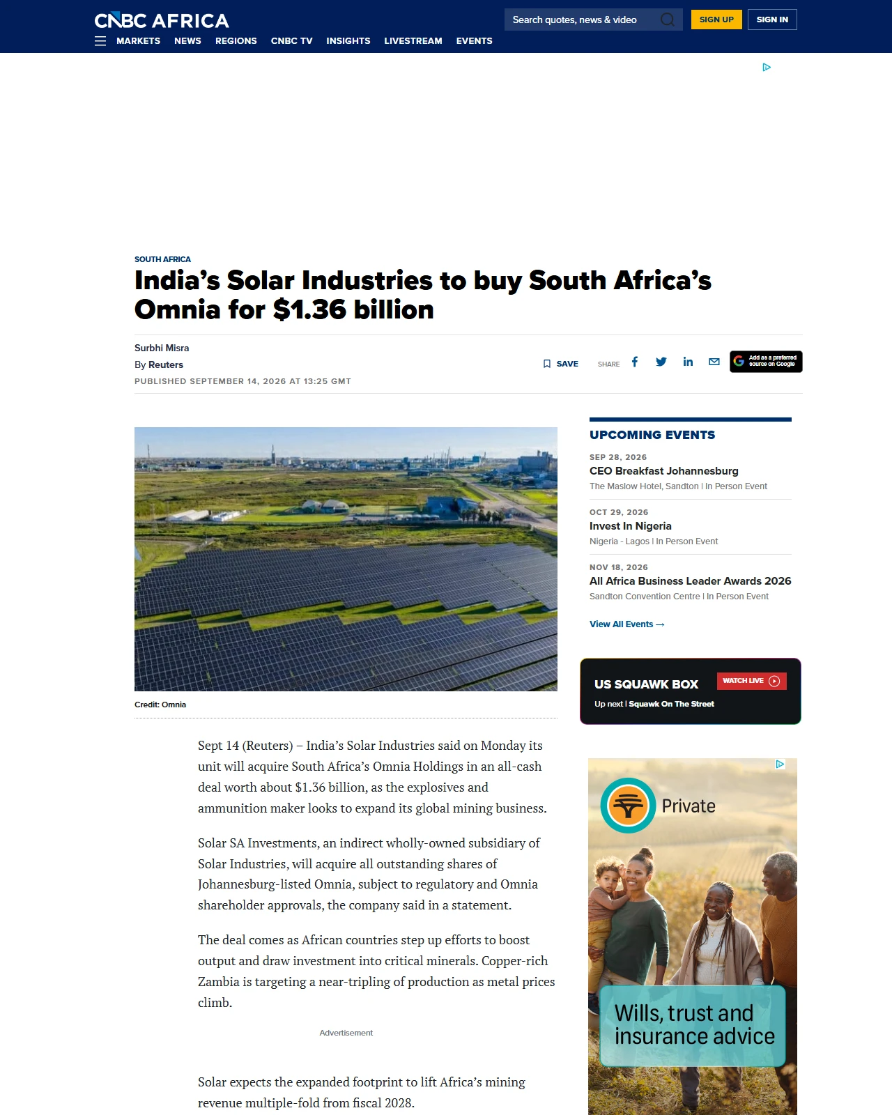 cnbcafrica.com as published: India’s Solar Industries to buy South Africa’s Omnia Holdings for $1.36 bln