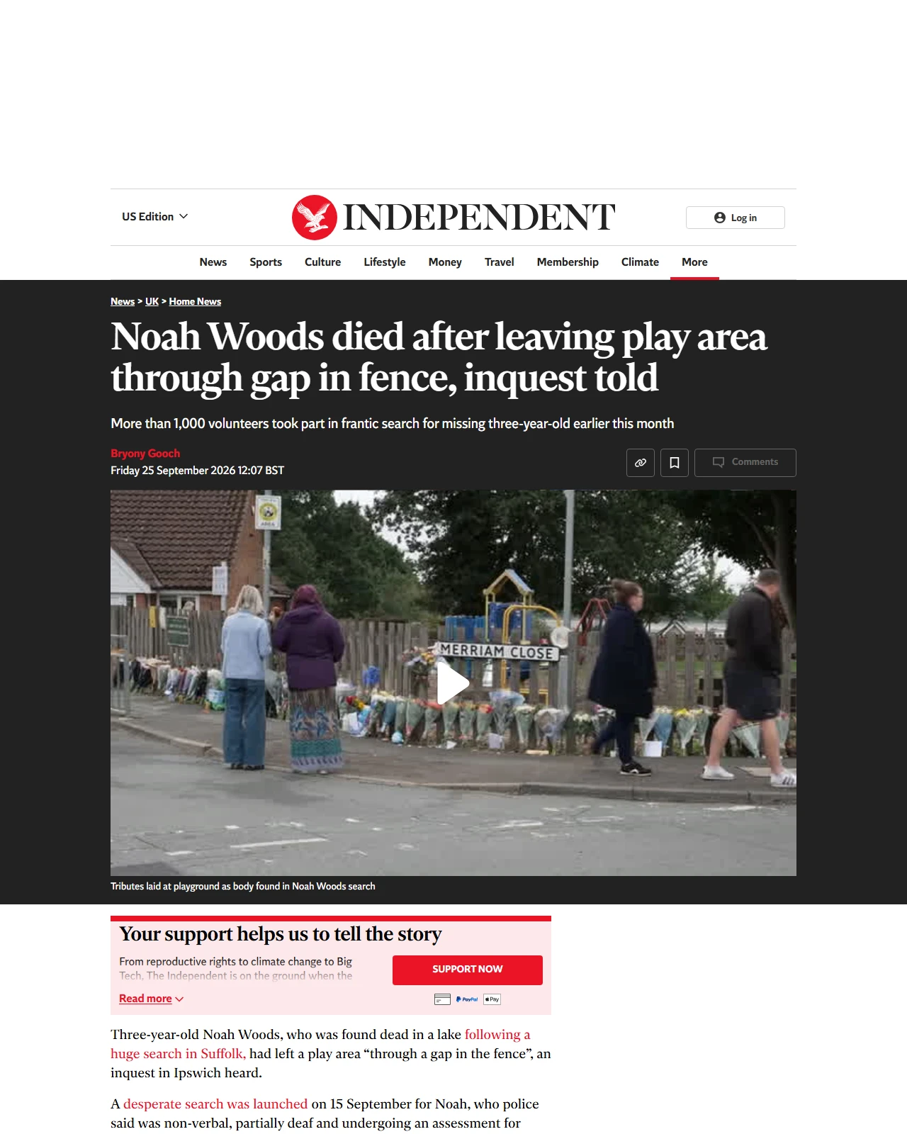 independent.co.uk as published: Noah Woods died after leaving play area through gap in fence, inquest told