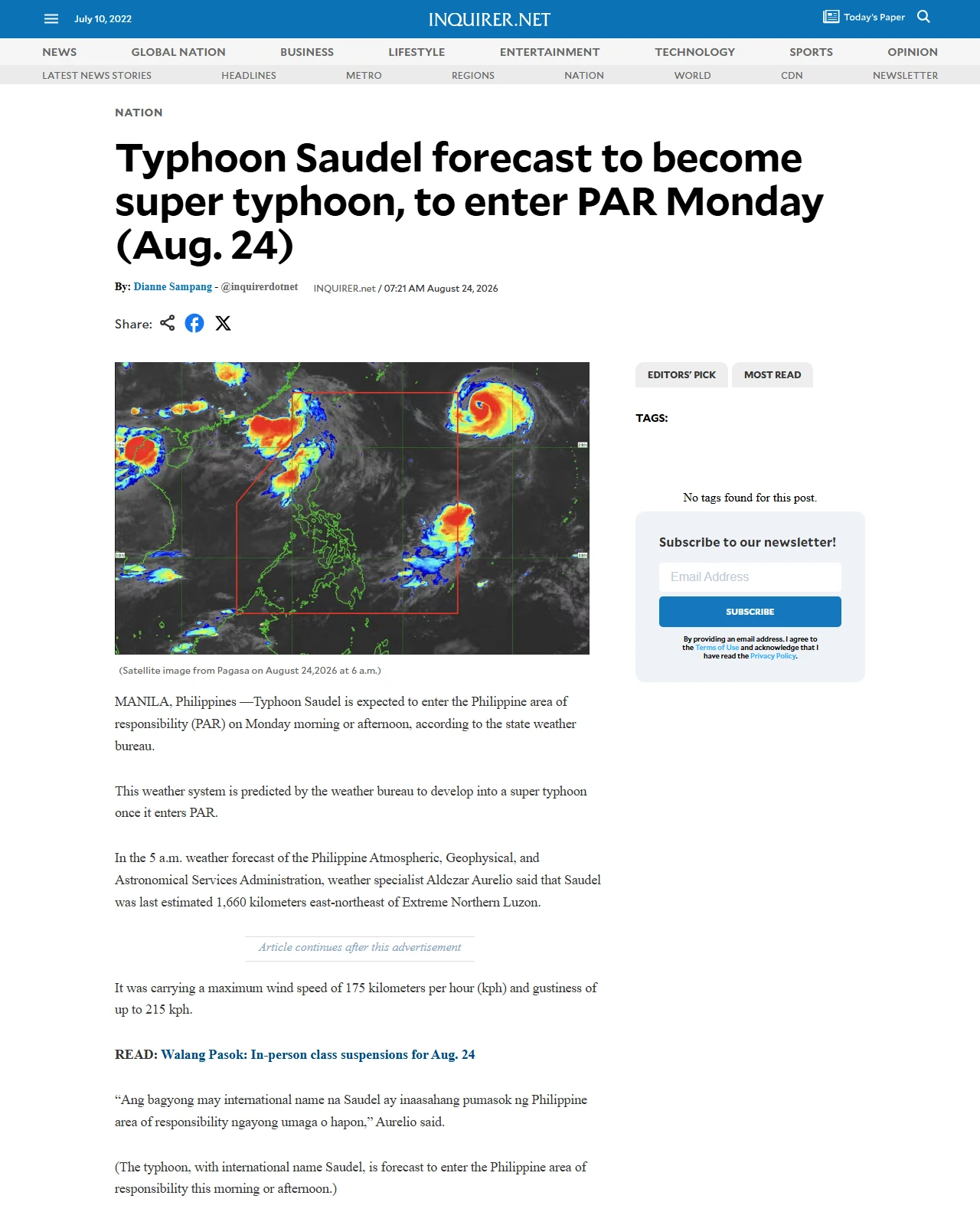 newsinfo.inquirer.net as published: Typhoon Saudel forecast to become super typhoon, to enter PAR Monday (Aug. 24)