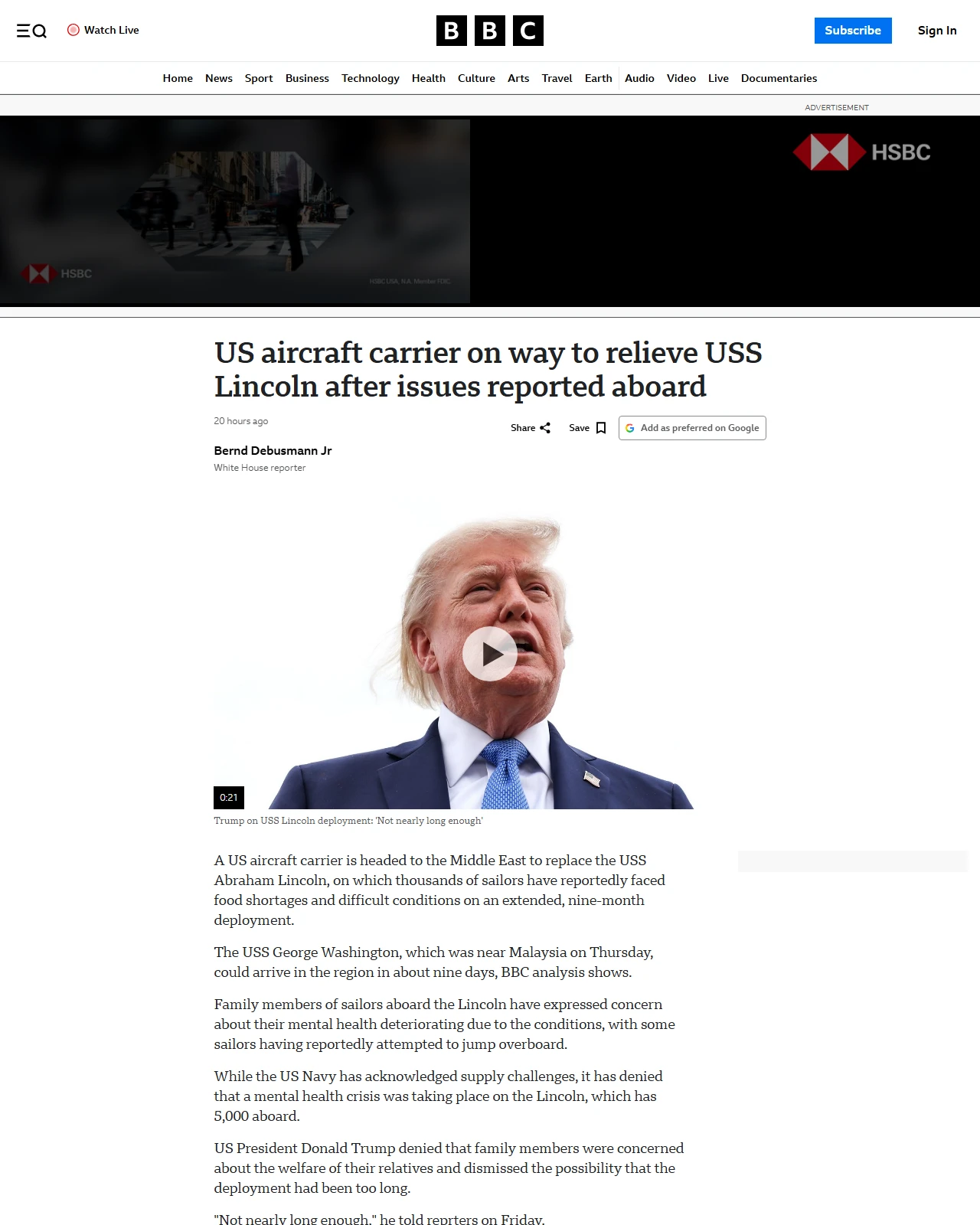 bbc.co.uk as published: US aircraft carrier on way to relieve USS Lincoln after issues reported aboard