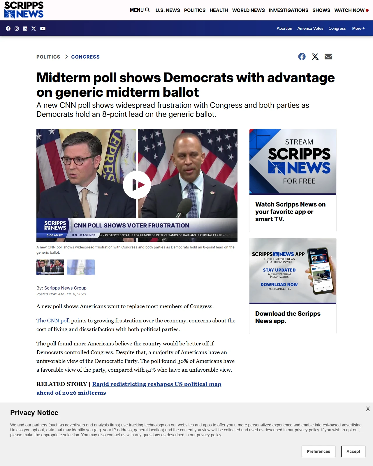 scrippsnews.com as published: Midterm poll shows Democrats with advantage on generic midterm ballot