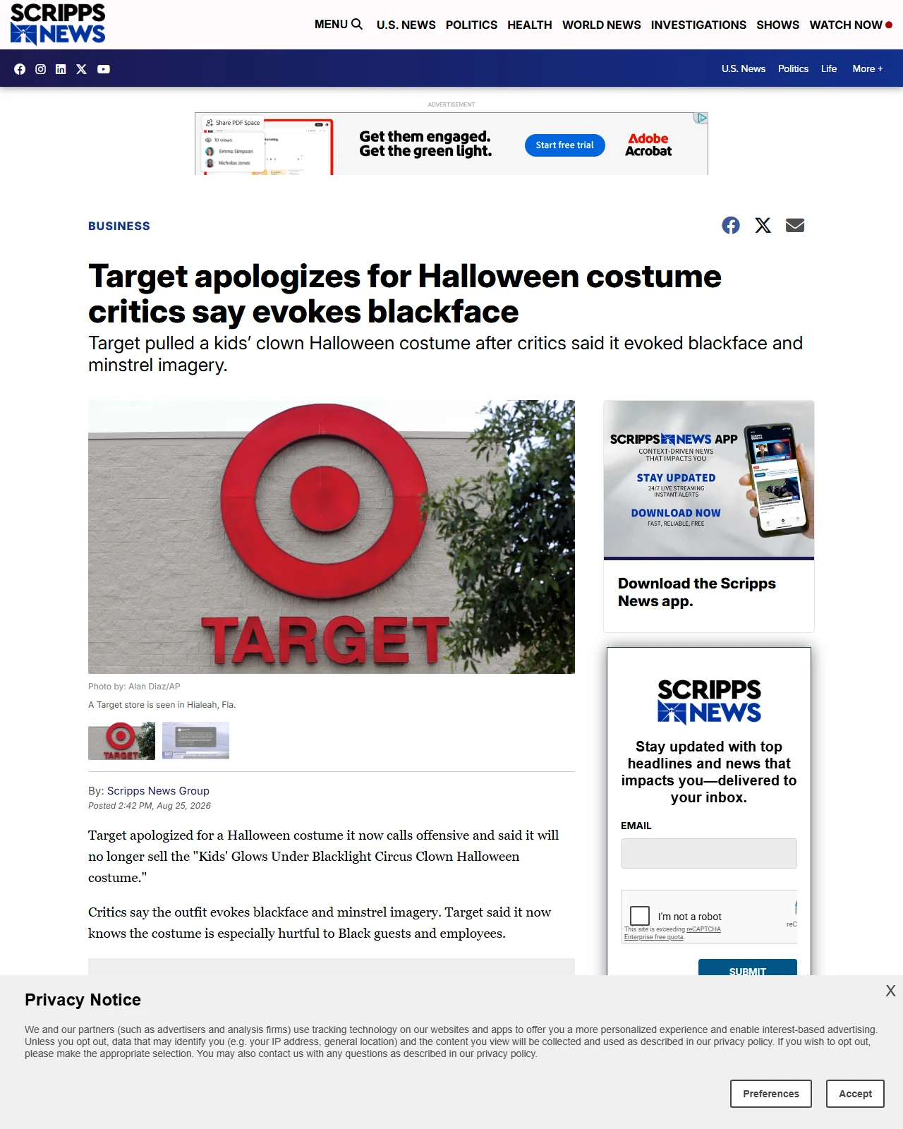 scrippsnews.com as published: Target apologizes for Halloween costume critics say evokes blackface
