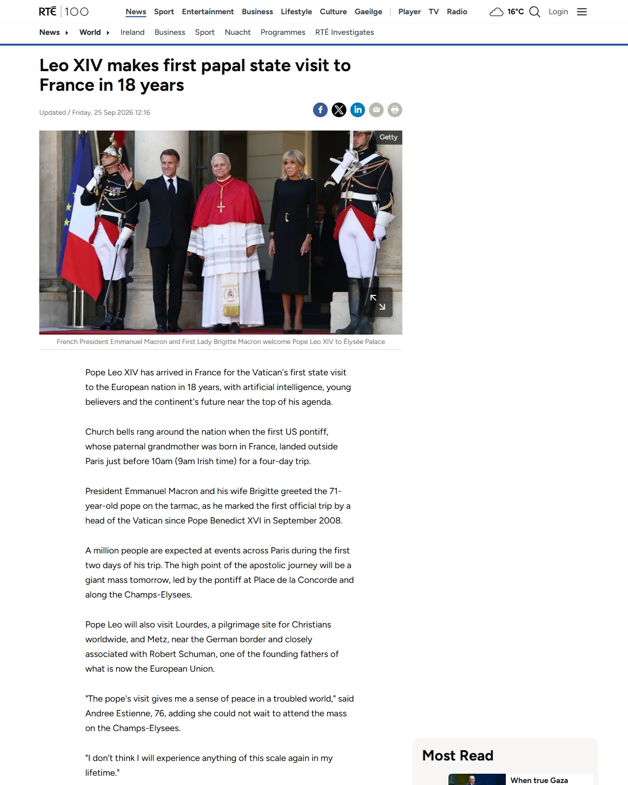 rte.ie as published: Leo makes first papal state visit to France in 18 years
