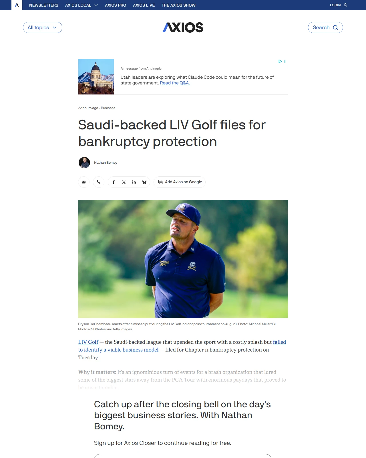 axios.com as published: LIV Golf files for bankruptcy protection