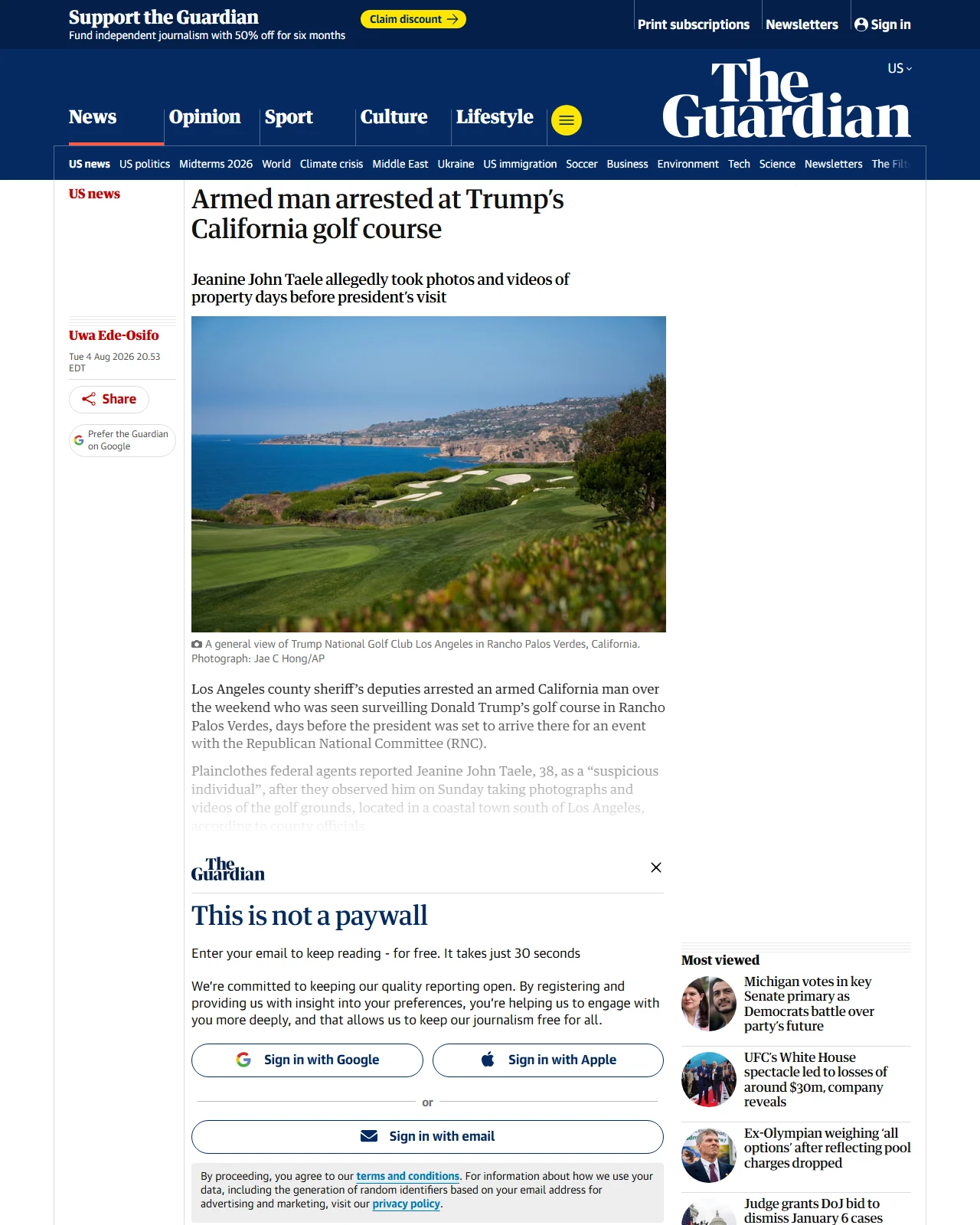 theguardian.com as published: Armed man arrested at Trump’s California golf course