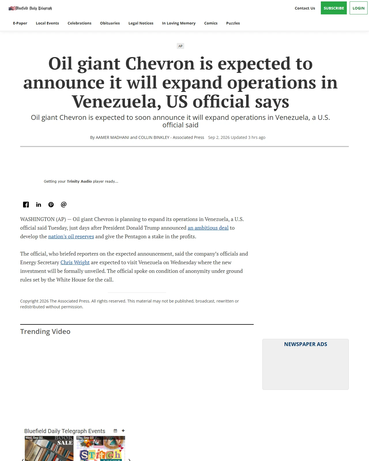 bdtonline.com as published: Oil giant Chevron is expected to announce it will expand operations in Venezuela, US official says