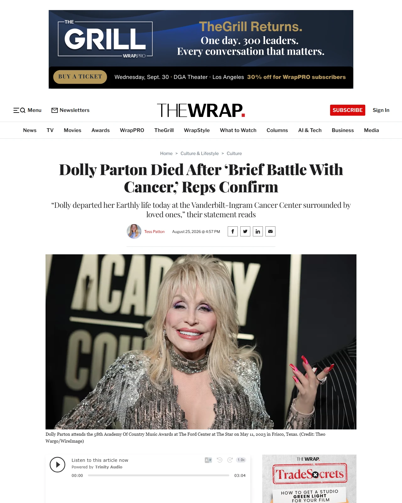 thewrap.com as published: Dolly Parton Died After ‘Brief Battle With Cancer,’ Reps Confirm