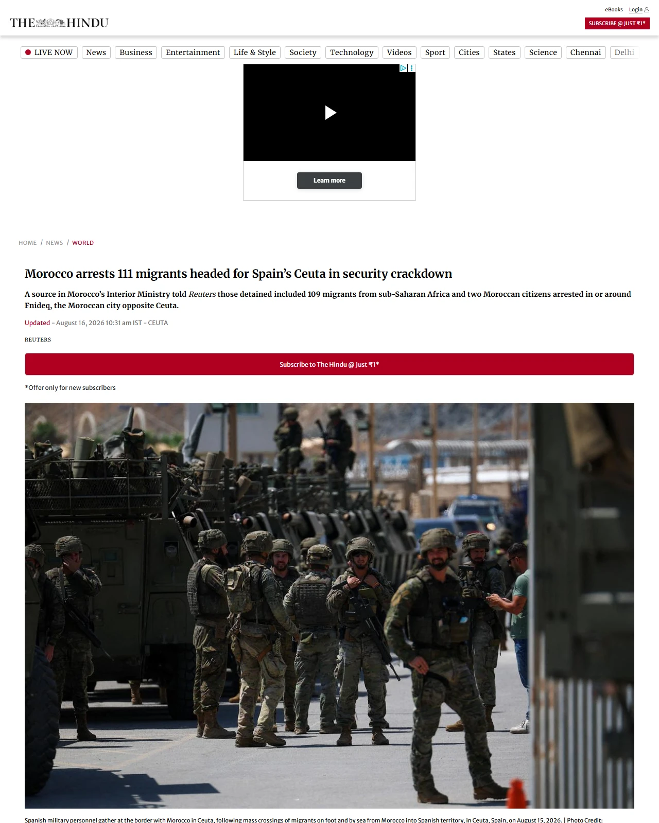 thehindu.com as published: Morocco arrests 111 migrants headed for Spain’s Ceuta in security crackdown