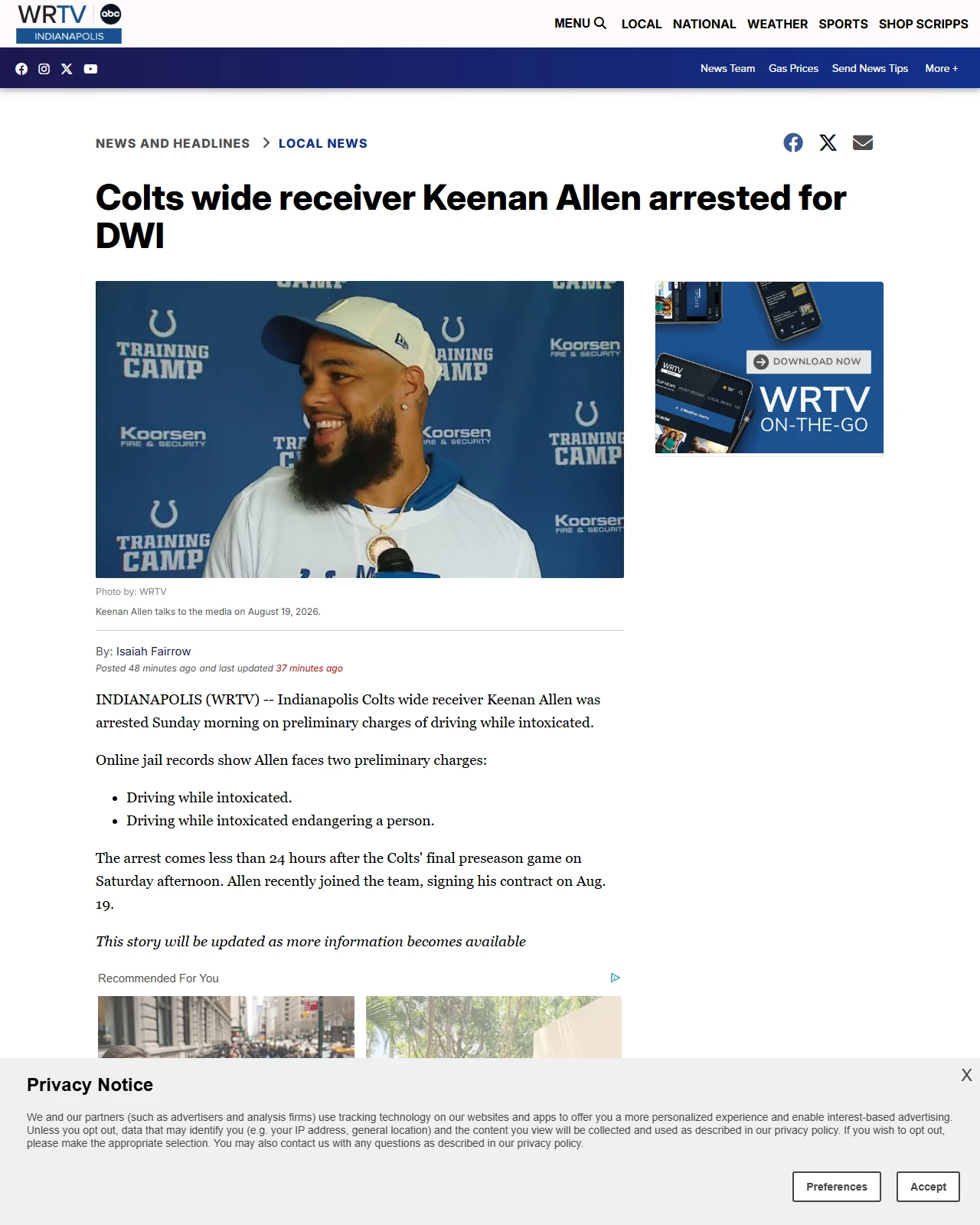 wrtv.com as published: Colts wide receiver Keenan Allen arrested for DWI