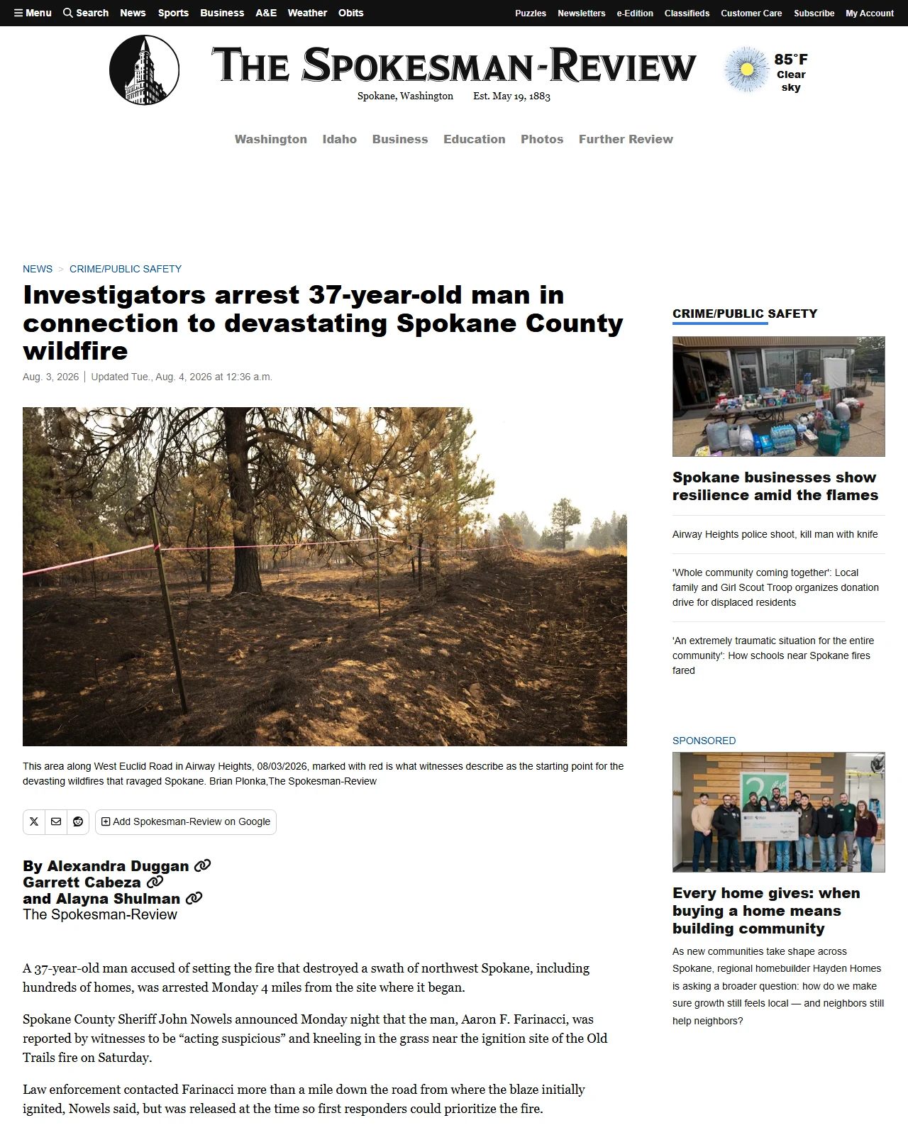 spokesman.com as published: Investigators arrest 37-year-old man in connection to devastating Spokane County wildfire - The Spokesman-Review