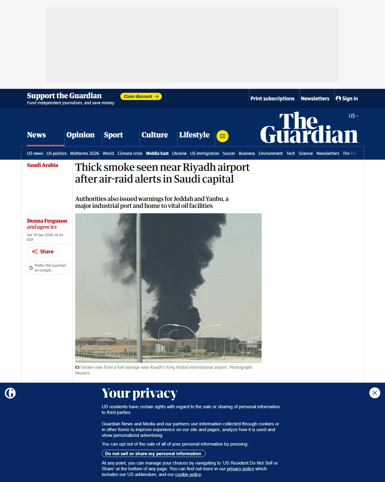 theguardian.com as published: Thick smoke seen near Riyadh airport as Houthis claim attack on Saudi capital