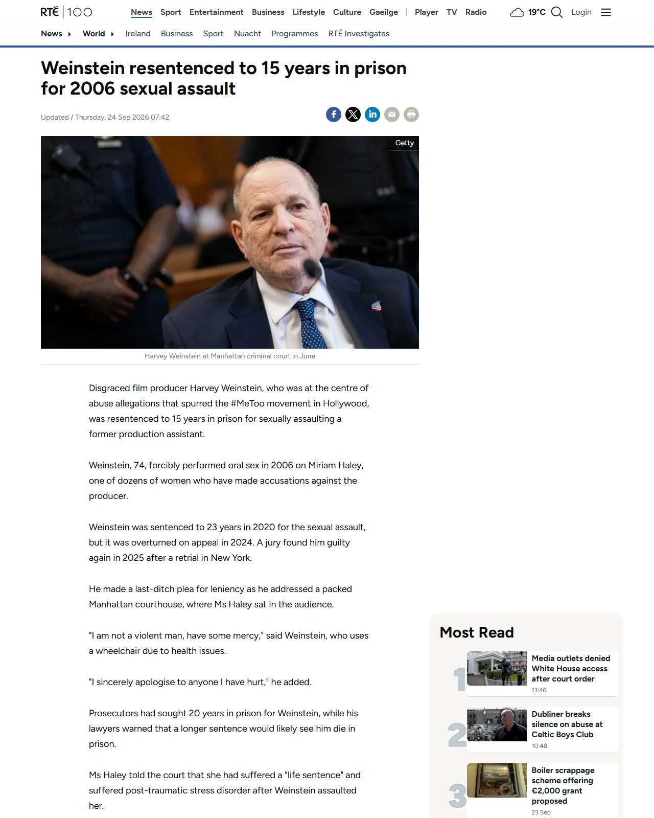 rte.ie as published: Weinstein resentenced to 15 years for sexual assault