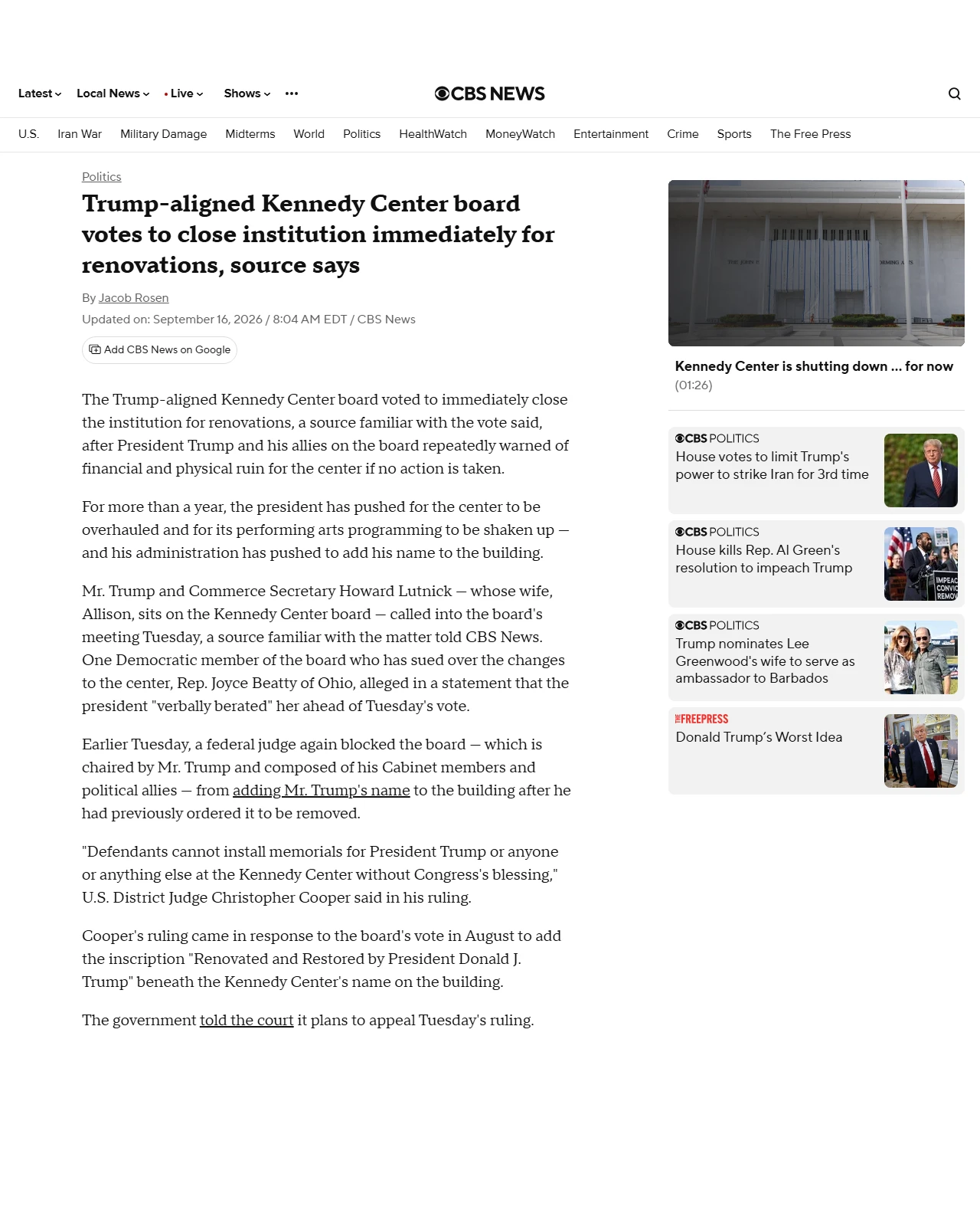 cbsnews.com as published: Board votes to close Kennedy Center immediately for renovations, source says