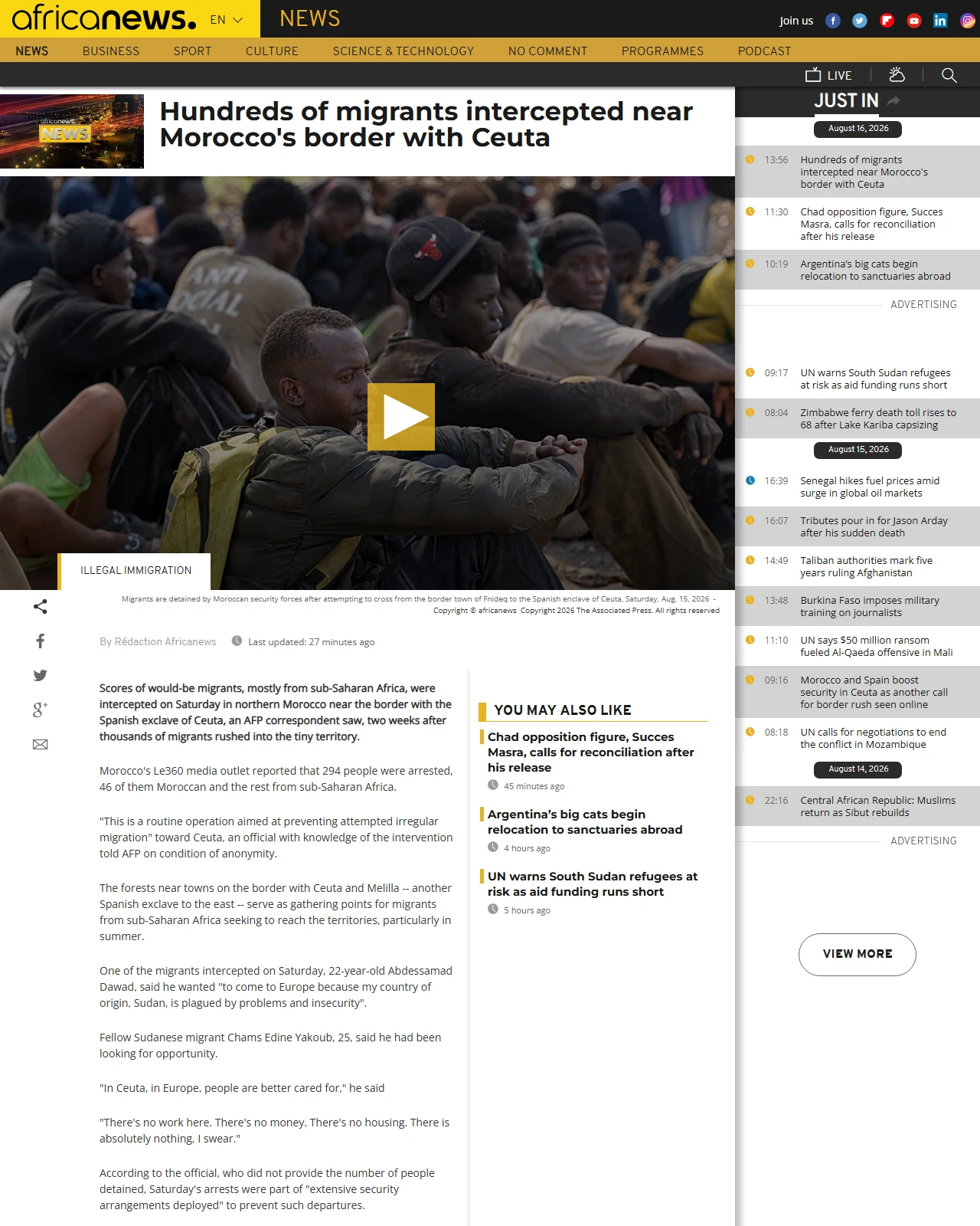 africanews.com as published: Hundreds of migrants intercepted near Morocco's border with Ceuta