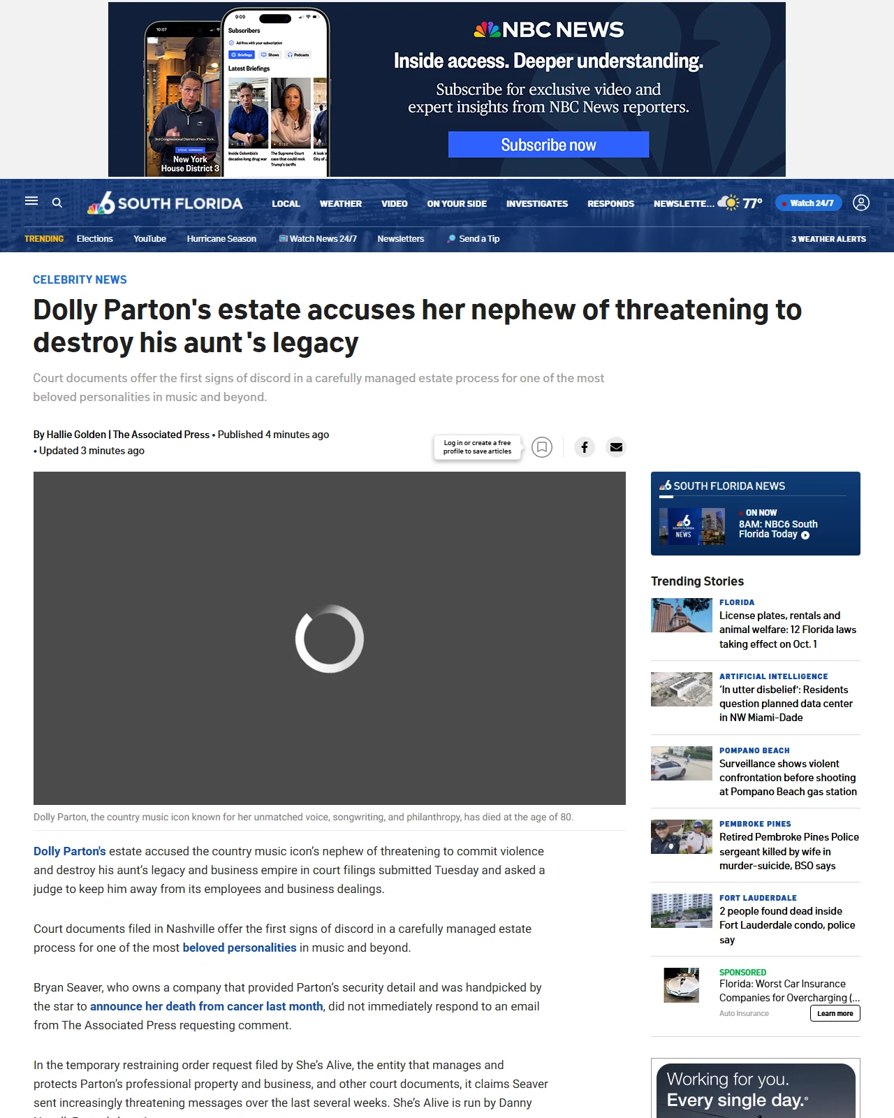 nbcmiami.com as published: Dolly Parton's estate accuses her nephew of threatening to destroy his aunt's legacy