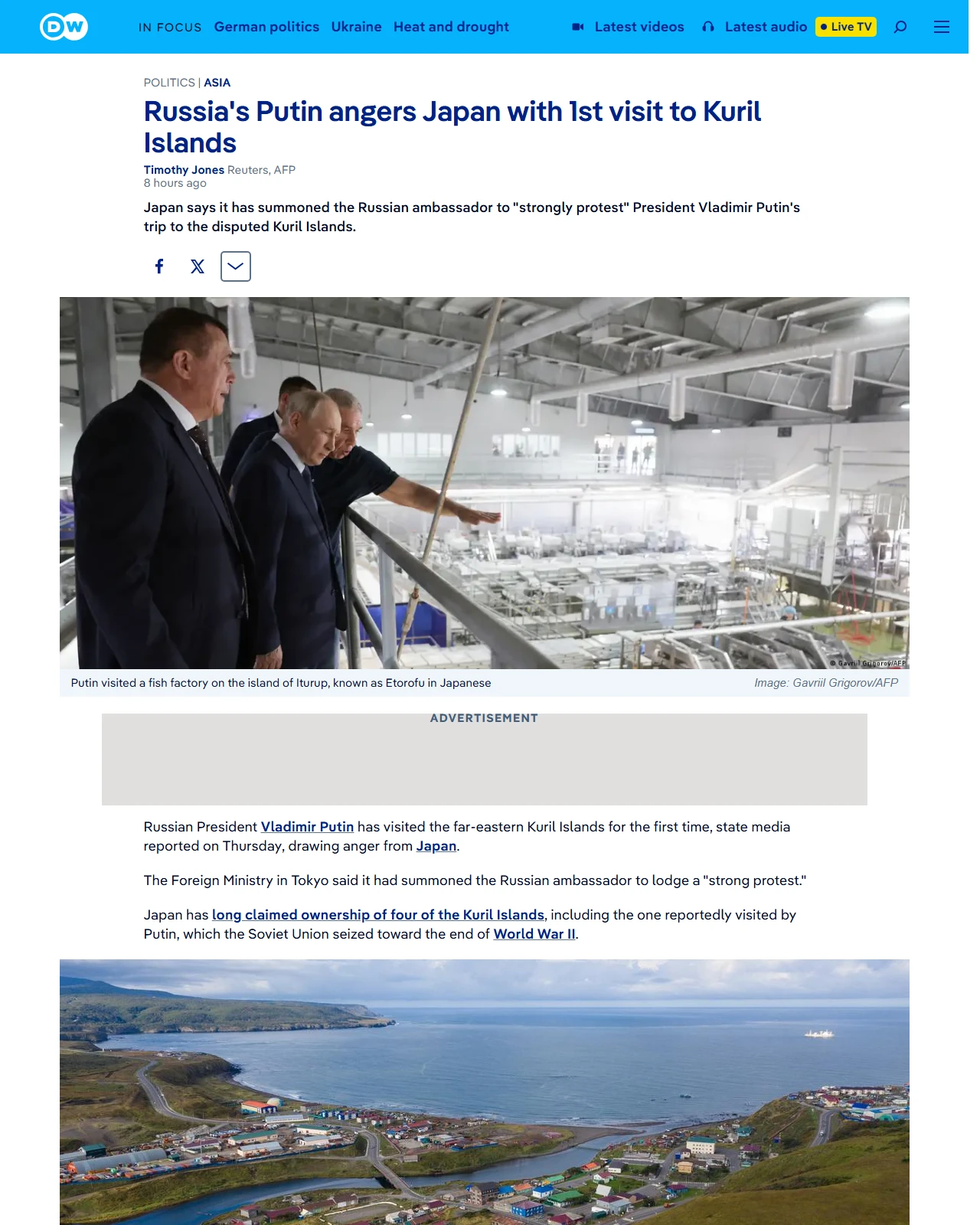 dw.com as published: Russia's Putin angers Japan with 1st visit to Kuril Islands