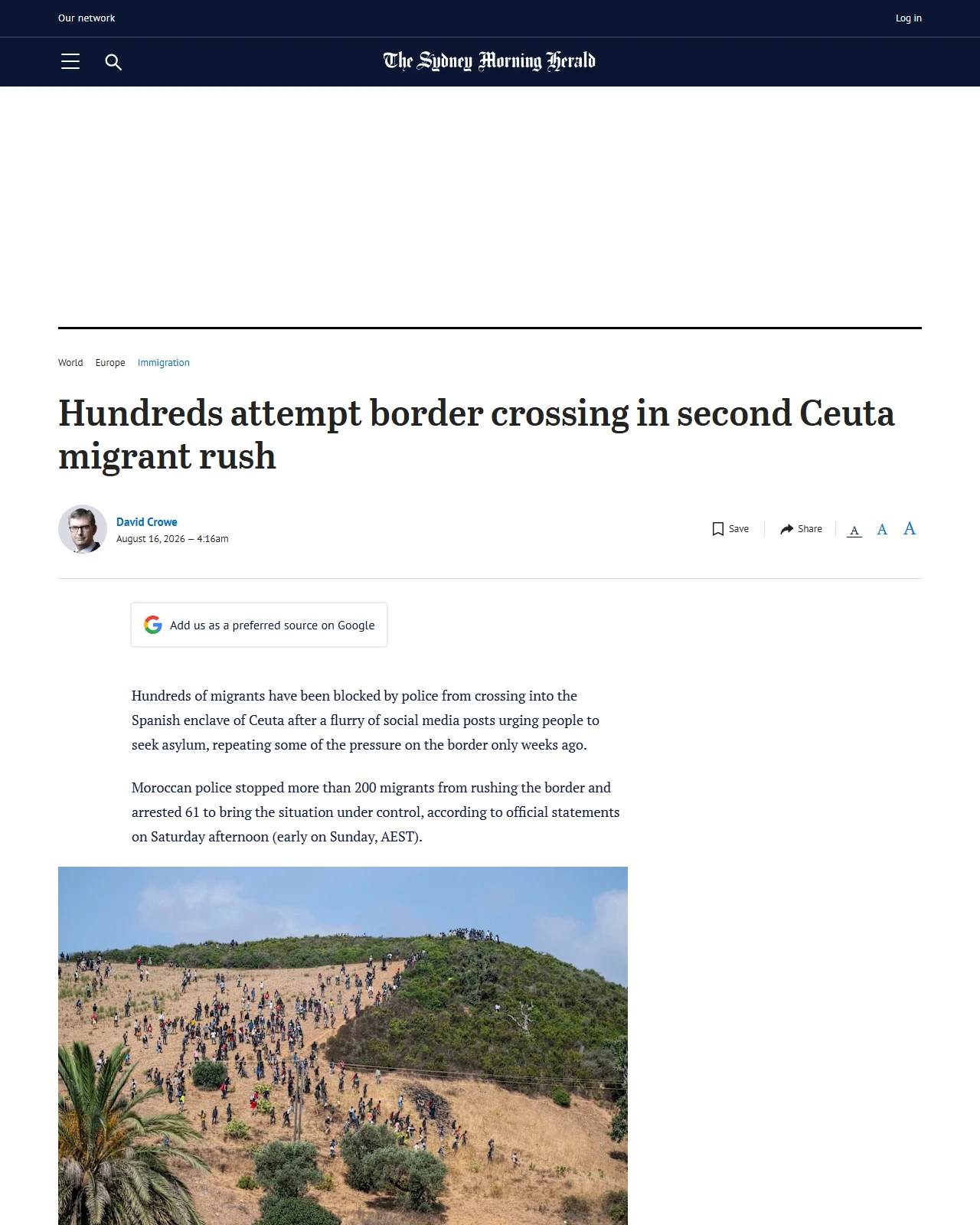 smh.com.au as published: Hundreds attempt border crossing in second Ceuta migrant rush