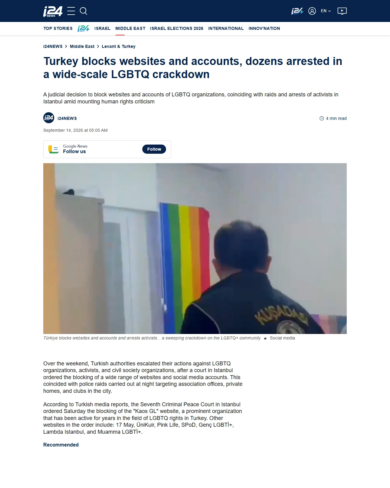 i24news.tv as published: Turkey Blocks Websites And Accounts, Dozens Arrested In A Wide-scale LGBTQ Crackdown