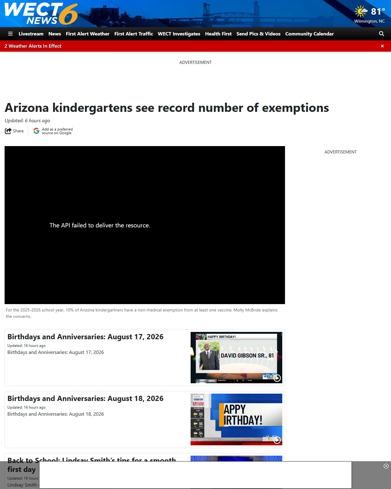 wect.com as published: Arizona kindergartens see record number of exemptions