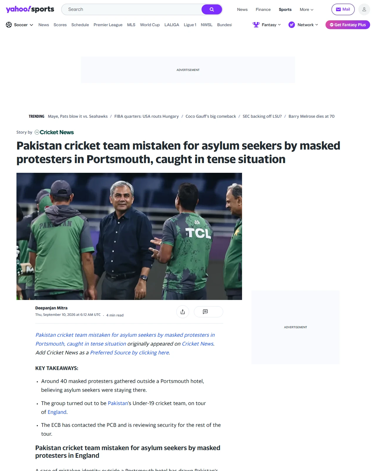 sports.yahoo.com as published: Pakistan cricket team mistaken for asylum seekers by masked protesters in Portsmouth, caught in tense situation