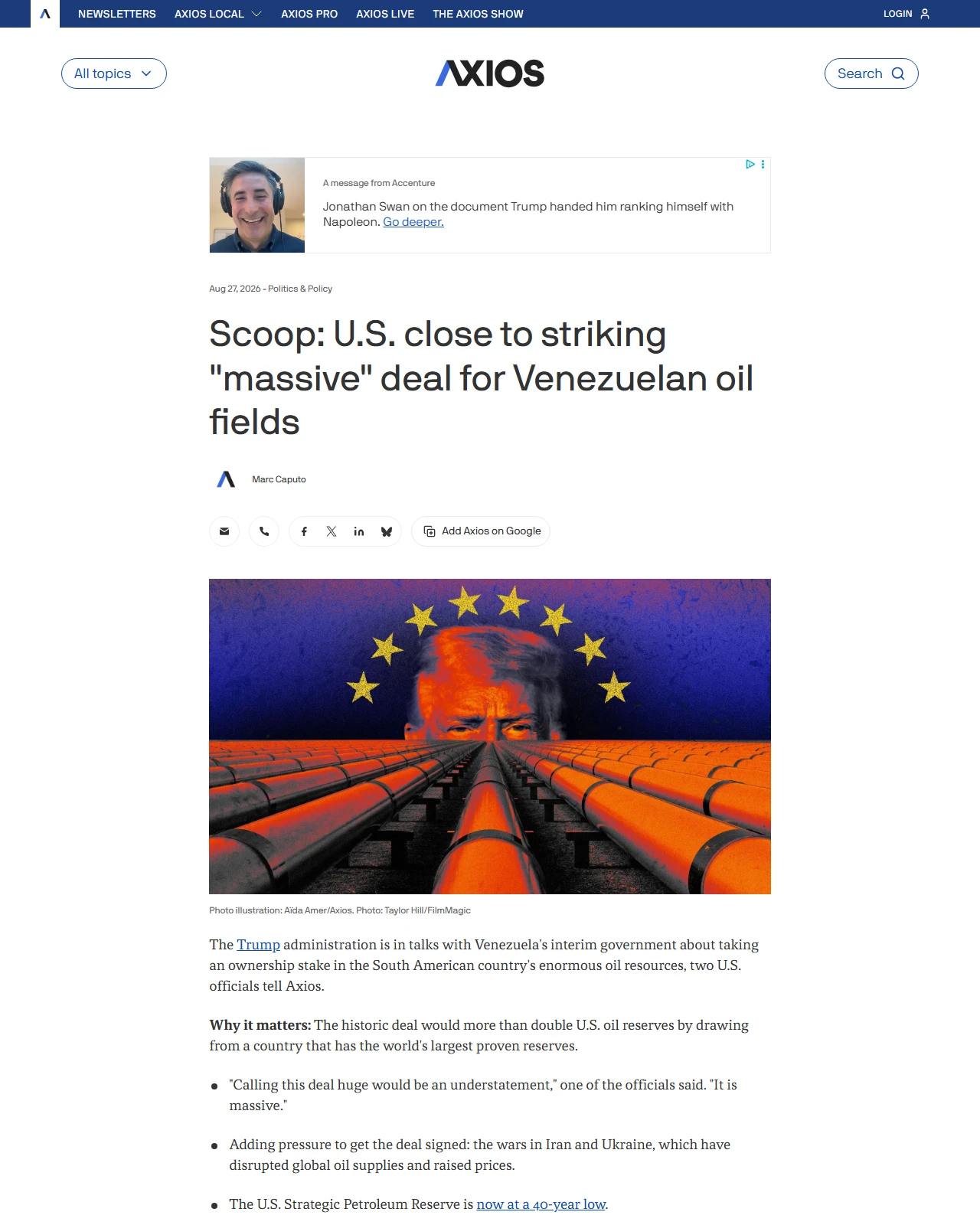 axios.com as published: Scoop: U.S. close to striking "massive" deal for Venezuelan oil fields