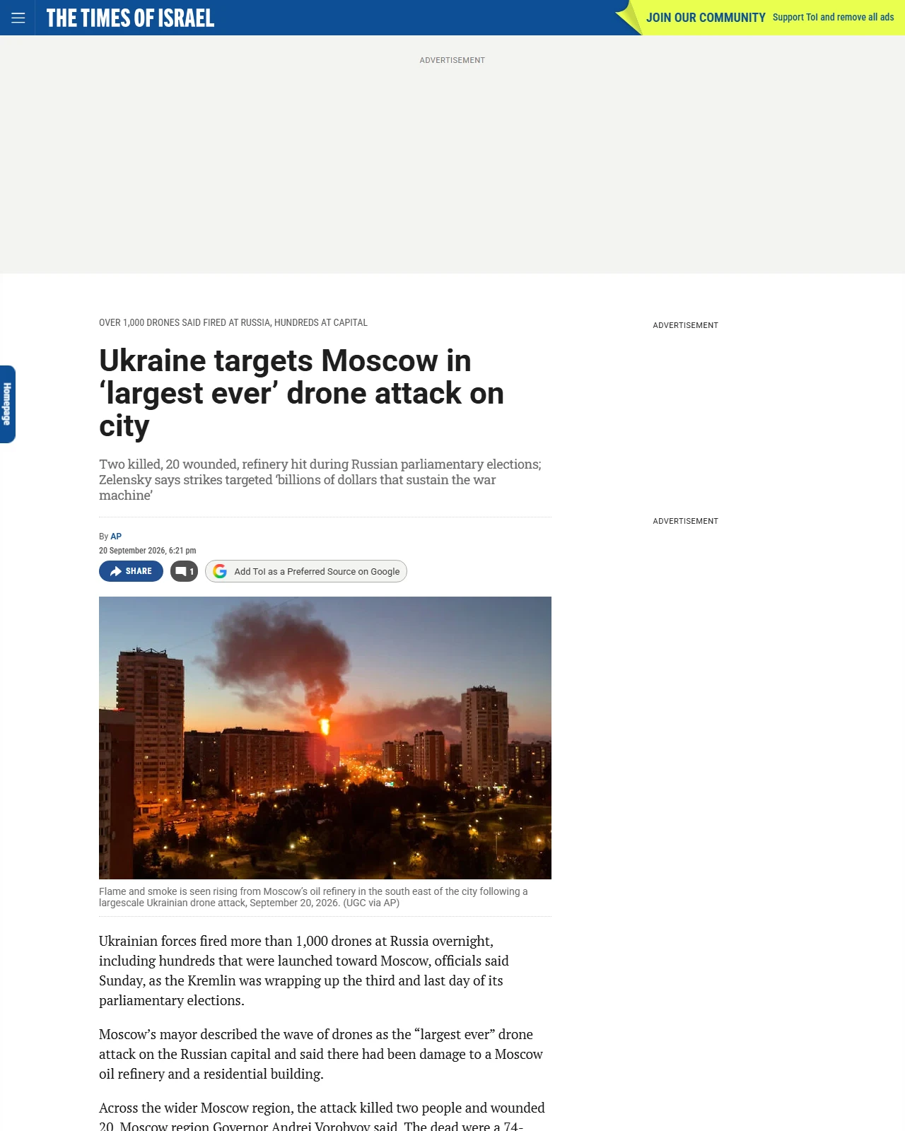 timesofisrael.com as published: Ukraine targets Moscow in ‘largest ever’ drone attack on city