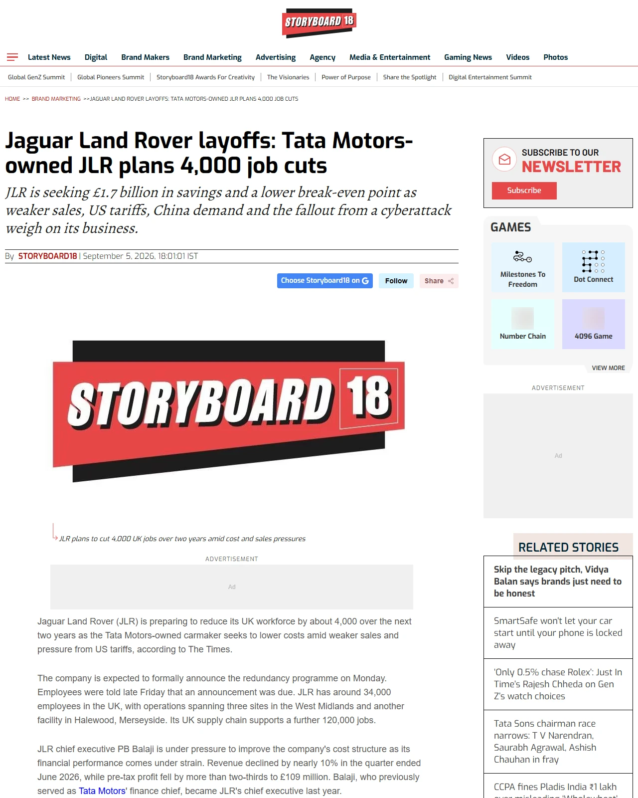 storyboard18.com as published: Jaguar Land Rover layoffs: Tata Motors-owned JLR plans 4,000 job cuts