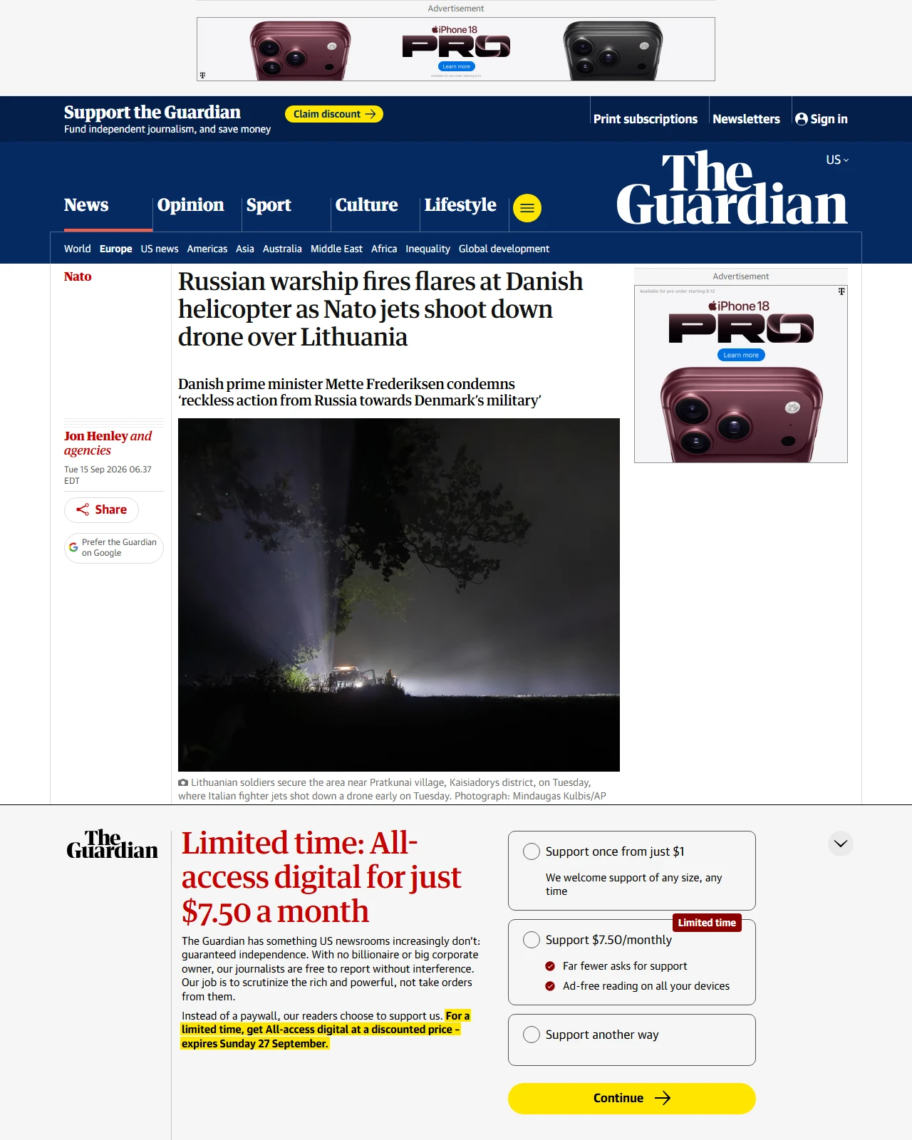 theguardian.com as published: Russian warship fires flares at Danish helicopter as Nato jets shoot down drone over Lithuania