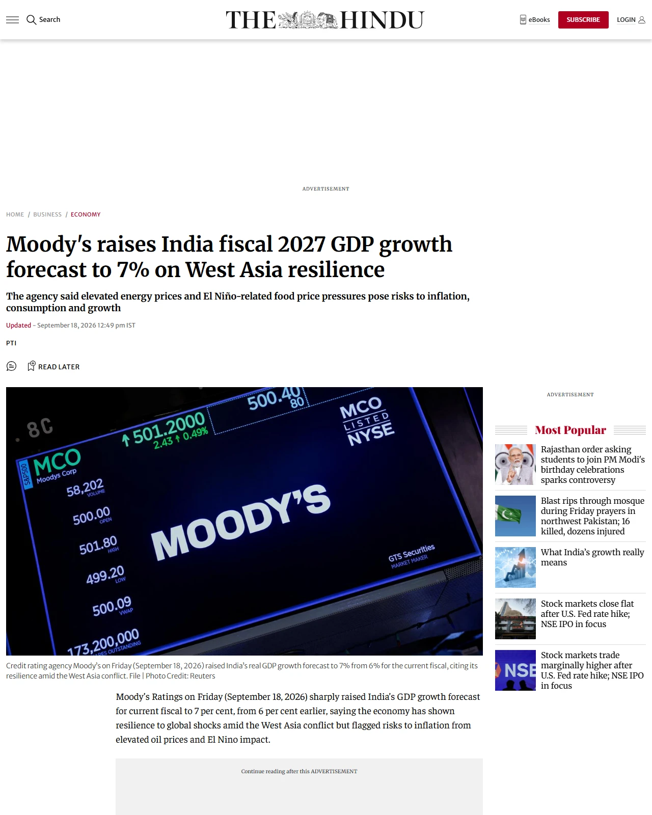 thehindu.com as published: Moody's raises India fiscal 2027 GDP growth forecast to 7% on West Asia resilience
