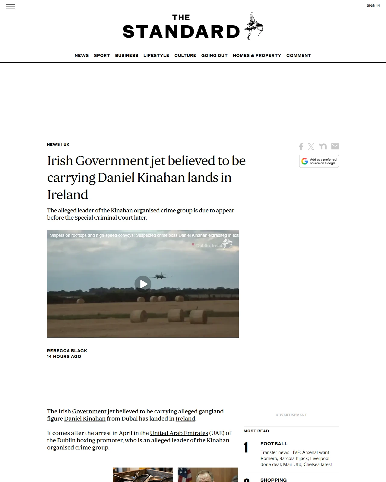 standard.co.uk as published: Irish Government jet believed to be carrying Daniel Kinahan lands in Ireland