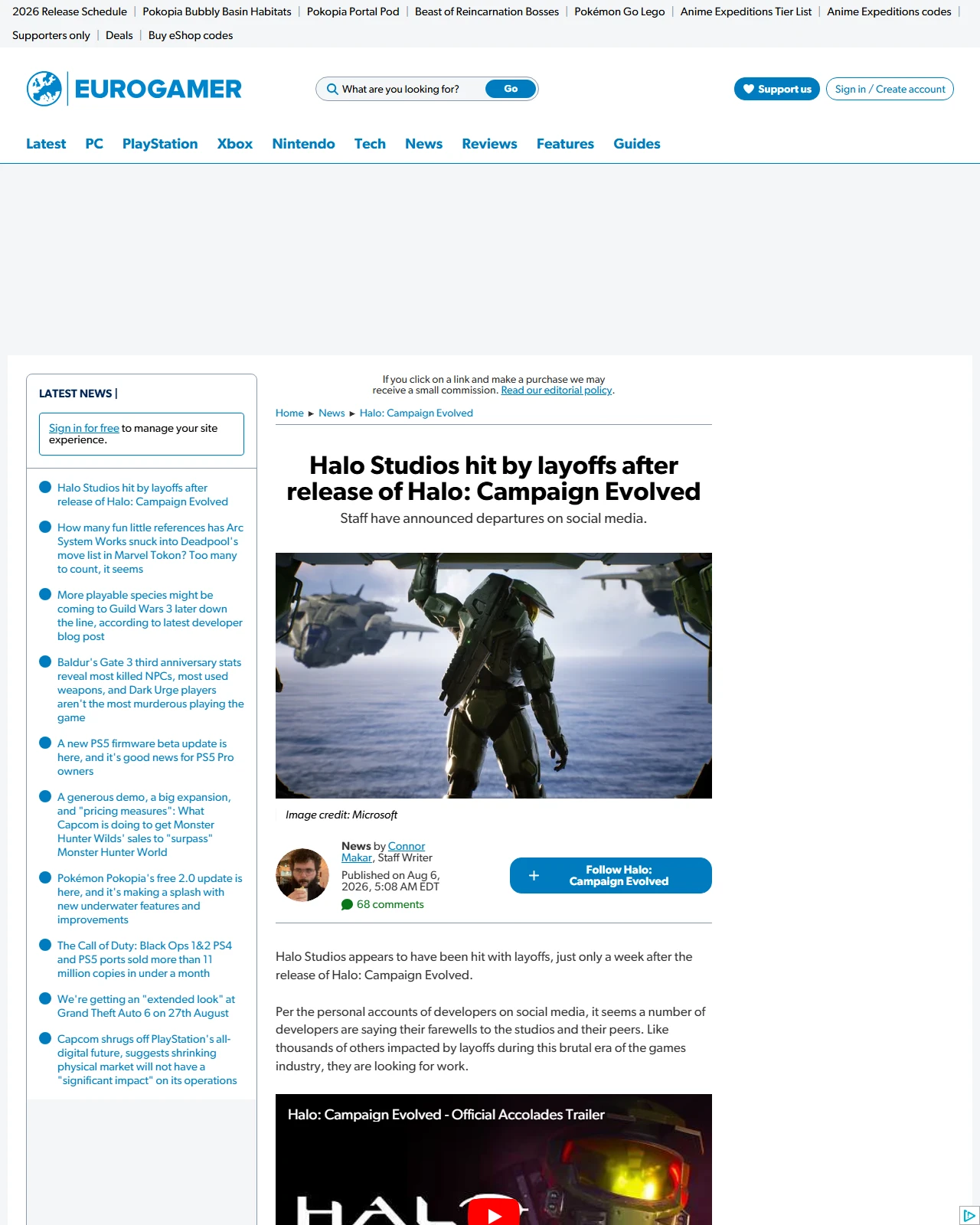 eurogamer.net as published: "This is just a tough reality in the gaming industry right now" - Halo Studios hit by layoffs after release of Halo: Campaign Evolved