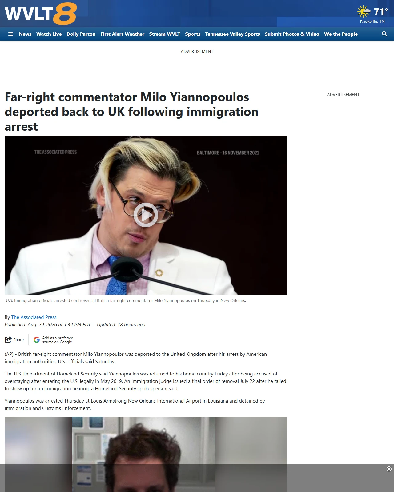 wvlt.tv as published: Far-right commentator Milo Yiannopoulos deported back to UK following immigration arrest