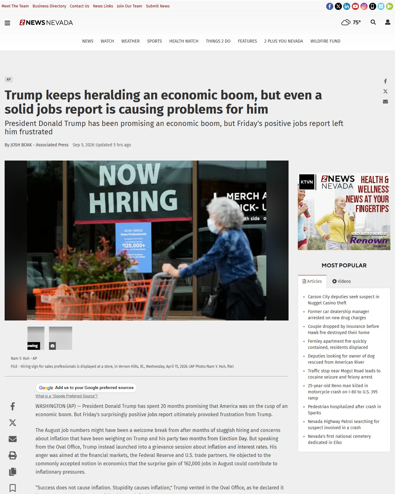ktvn.com as published: Trump keeps heralding an economic boom, but even a solid jobs report is causing problems for him