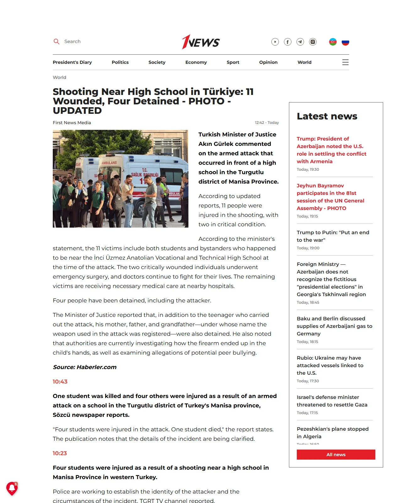 1news.az as published: In Turkey, a student was killed and four others were injured in a school shooting - PHOTO - UPDATED