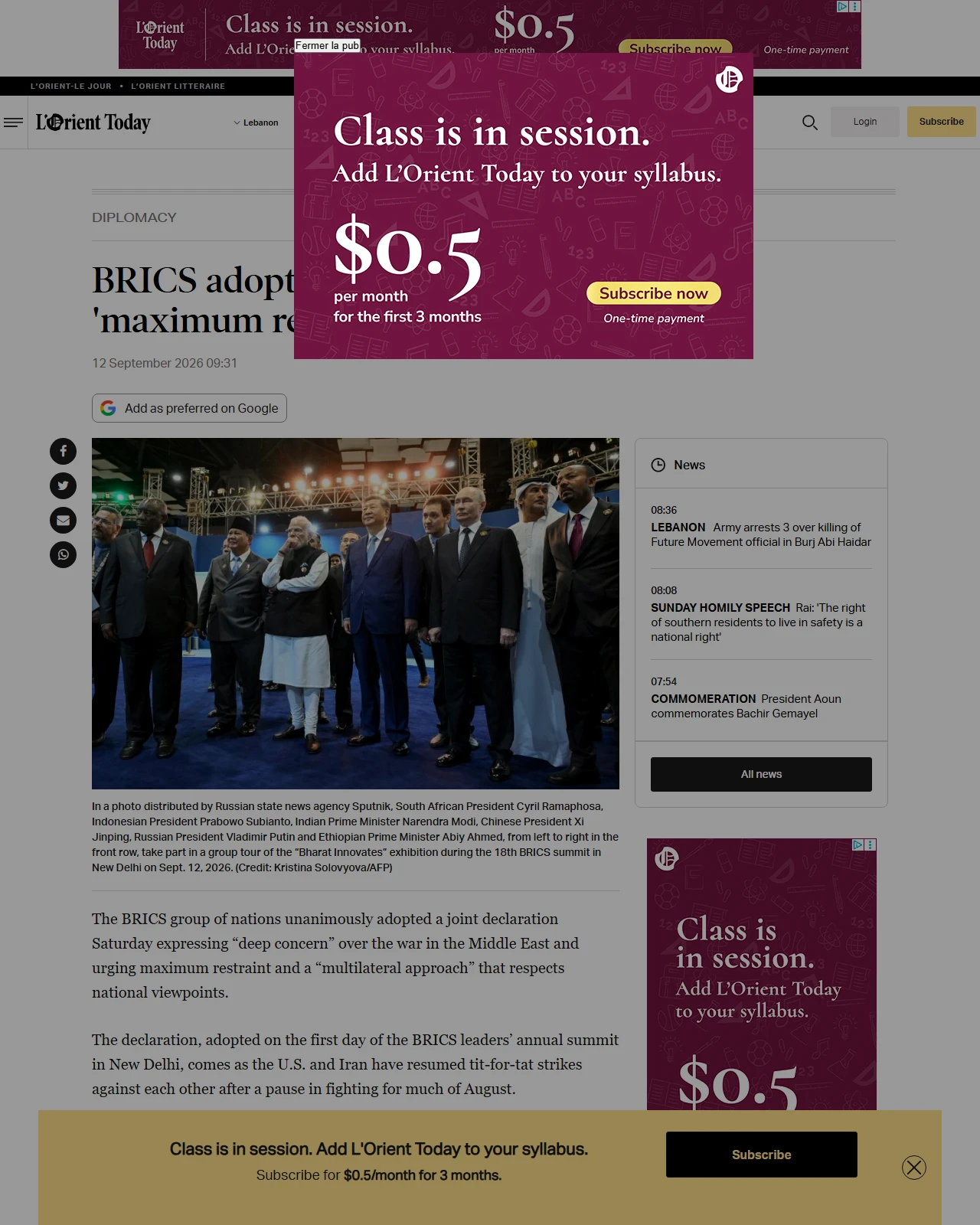 today.lorientlejour.com as published: BRICS adopts joint declaration, urges 'maximum restraint' in Mideast