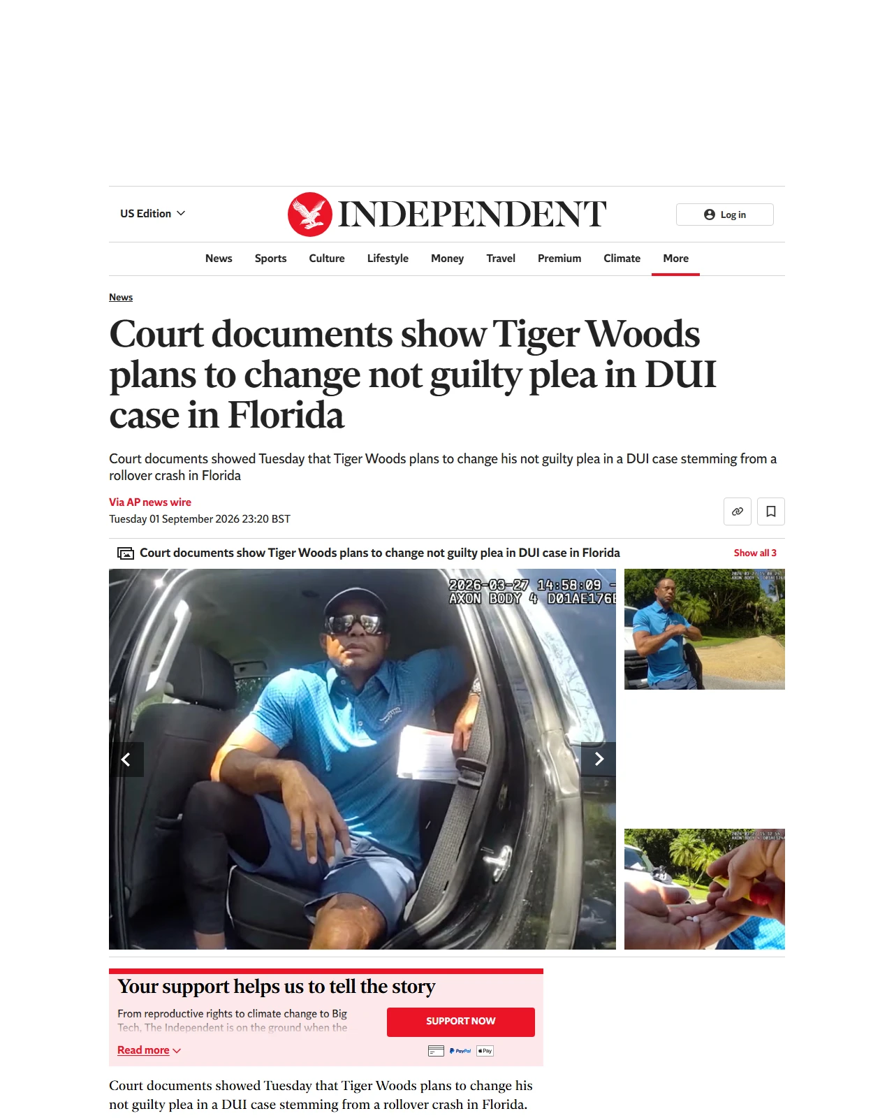 independent.co.uk as published: Court documents show Tiger Woods plans to change not guilty plea in DUI case in Florida