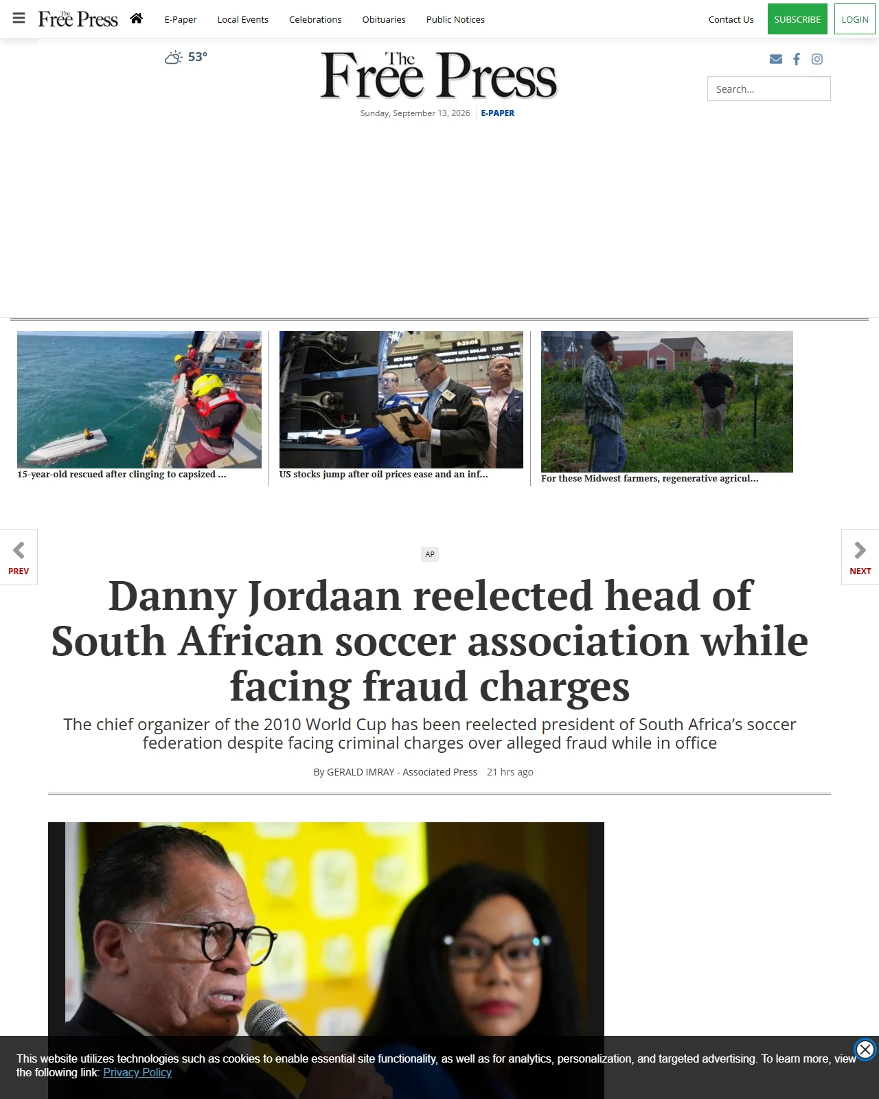 mankatofreepress.com as published: Danny Jordaan reelected head of South African soccer association while facing fraud charges