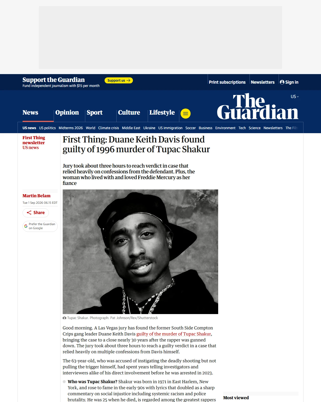 theguardian.com as published: First Thing: Duane Keith Davis found guilty of 1996 murder of Tupac Shakur