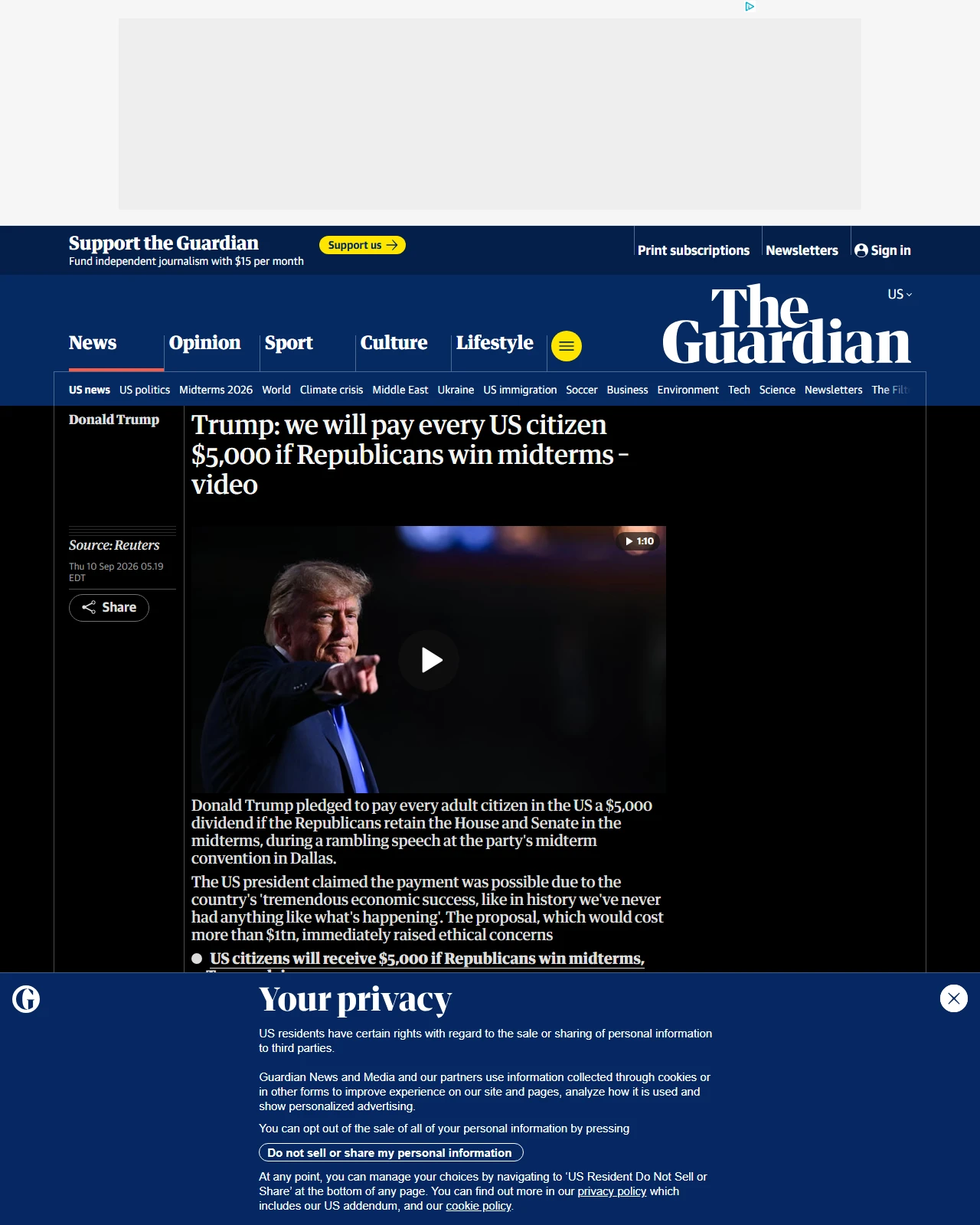 theguardian.com as published: Trump: we will pay every US citizen $5,000 if Republicans win midterms – video