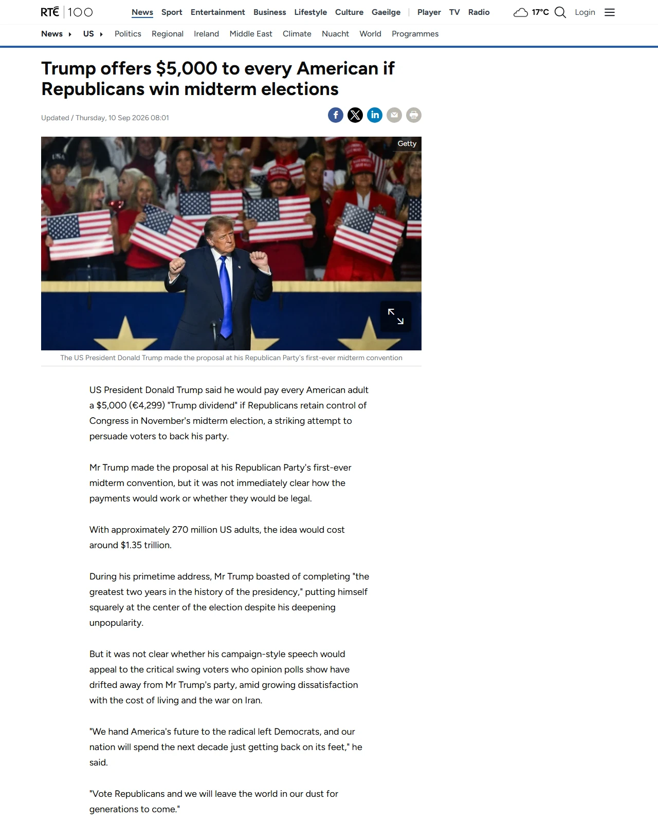 rte.ie as published: Trump offers Americans $5,000 if Republicans win Congress